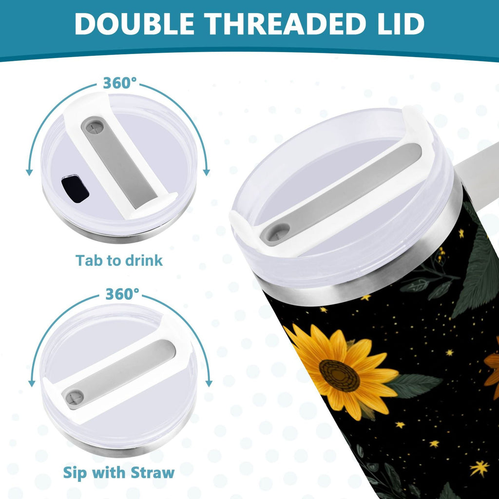 30 oz Insulated Stainless Steel Tumbler Double Wall Stainless Steel Tumbler with 2-Way Drinking Yellow Sunflower Pattern - 65JK