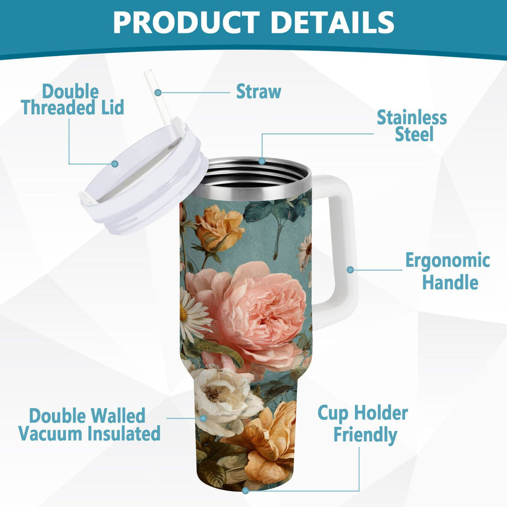 30 oz Insulated Stainless Steel Tumbler Double Wall Stainless Steel Tumbler with 2-Way Drinking Vintage Roses and Peonies - EK50