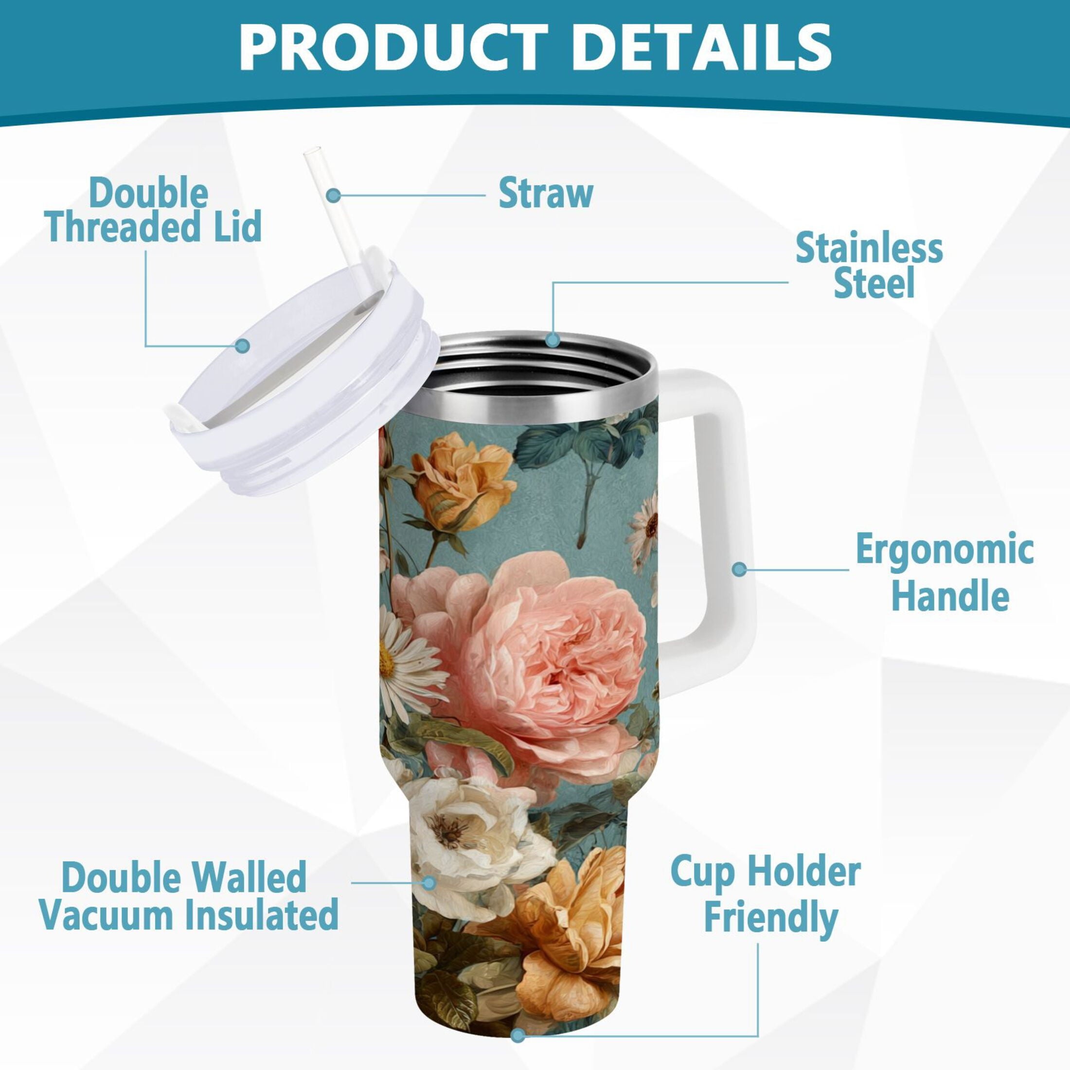 30 oz Insulated Stainless Steel Tumbler Double Wall Stainless Steel Tumbler with 2-Way Drinking Vintage Roses and Peonies - EK50