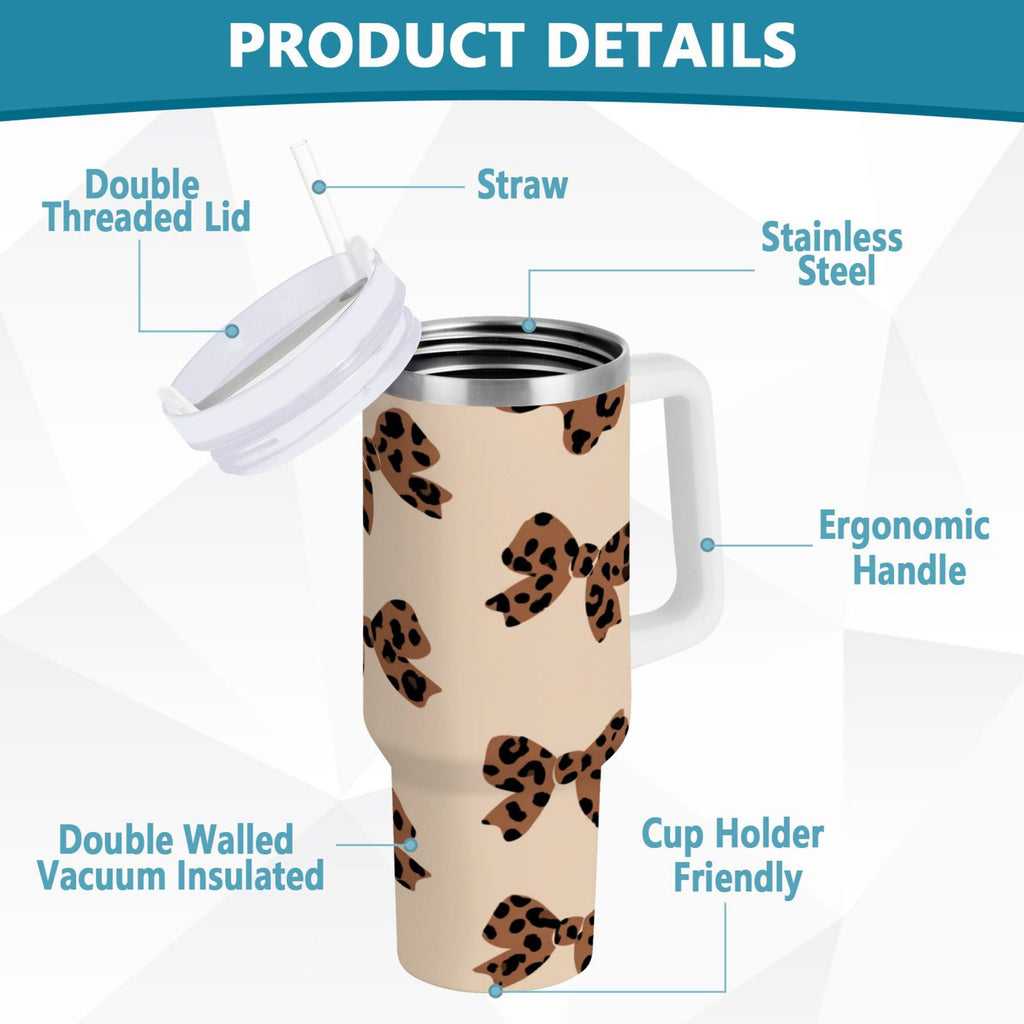 30 oz Insulated Stainless Steel Tumbler Double Wall Stainless Steel Tumbler with 2-Way Drinking Cute Brown Bow - JVIT