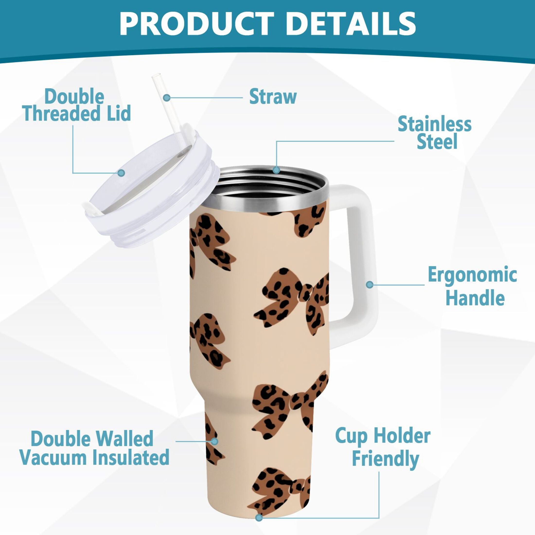 30 oz Insulated Stainless Steel Tumbler Double Wall Stainless Steel Tumbler with 2-Way Drinking Cute Brown Bow - JVIT