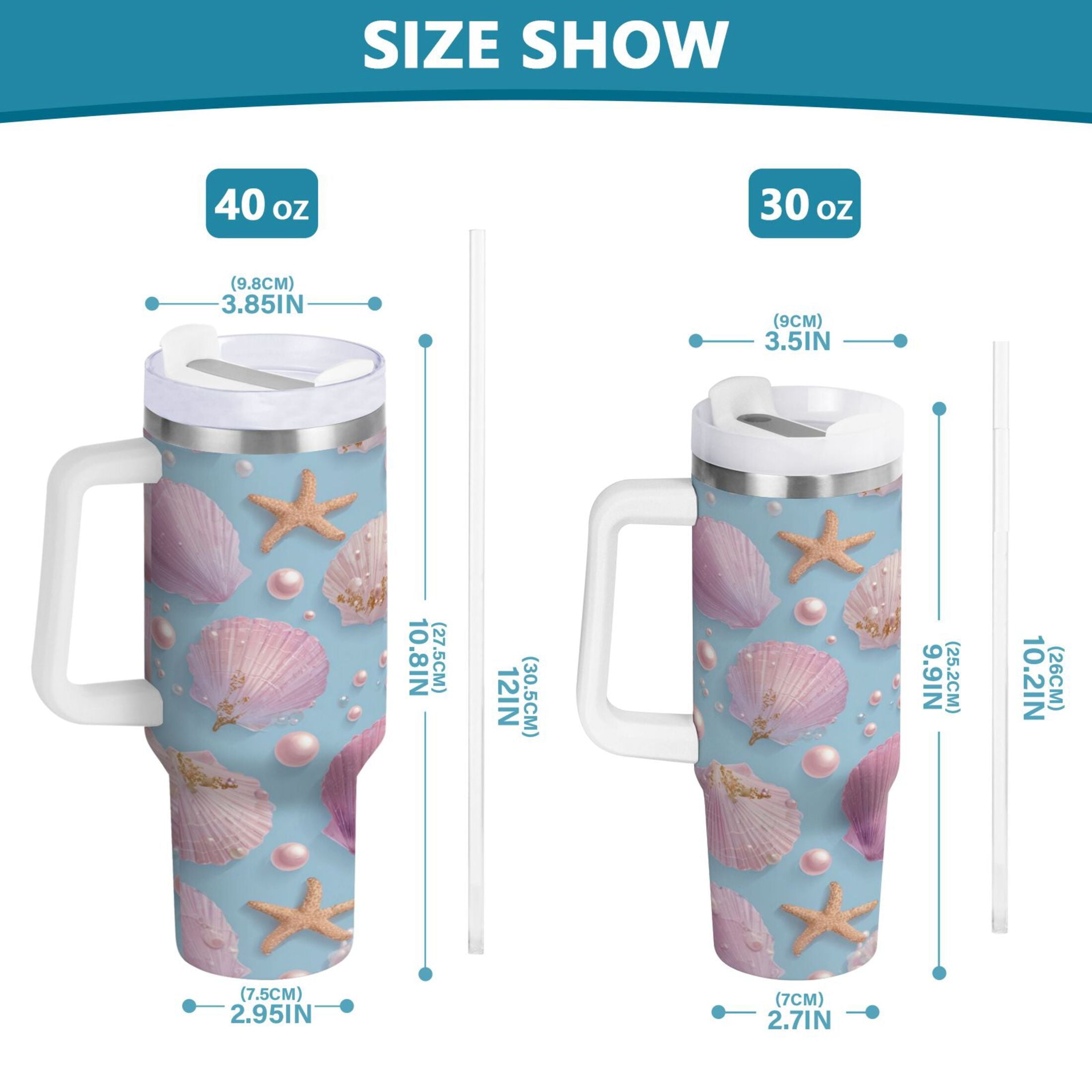 40 oz Insulated Stainless Steel Tumbler Double Wall Stainless Steel Tumbler with 2-Way Drinking Seashells and Pearls Pattern - XY5S
