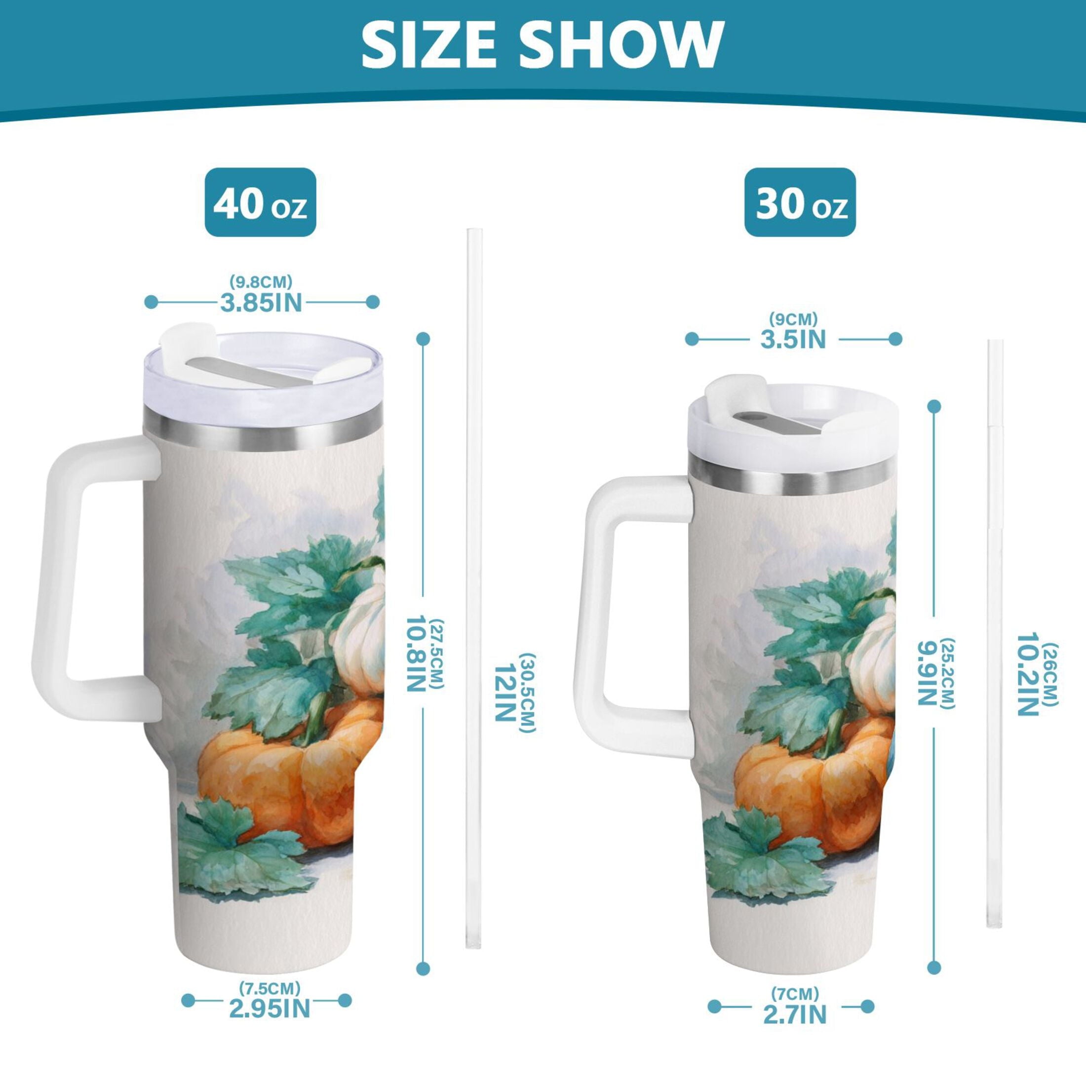 40 oz Insulated Stainless Steel Tumbler Double Wall Stainless Steel Tumbler with 2-Way Drinking Watercolor Pumpkins and Leaves - JSB5