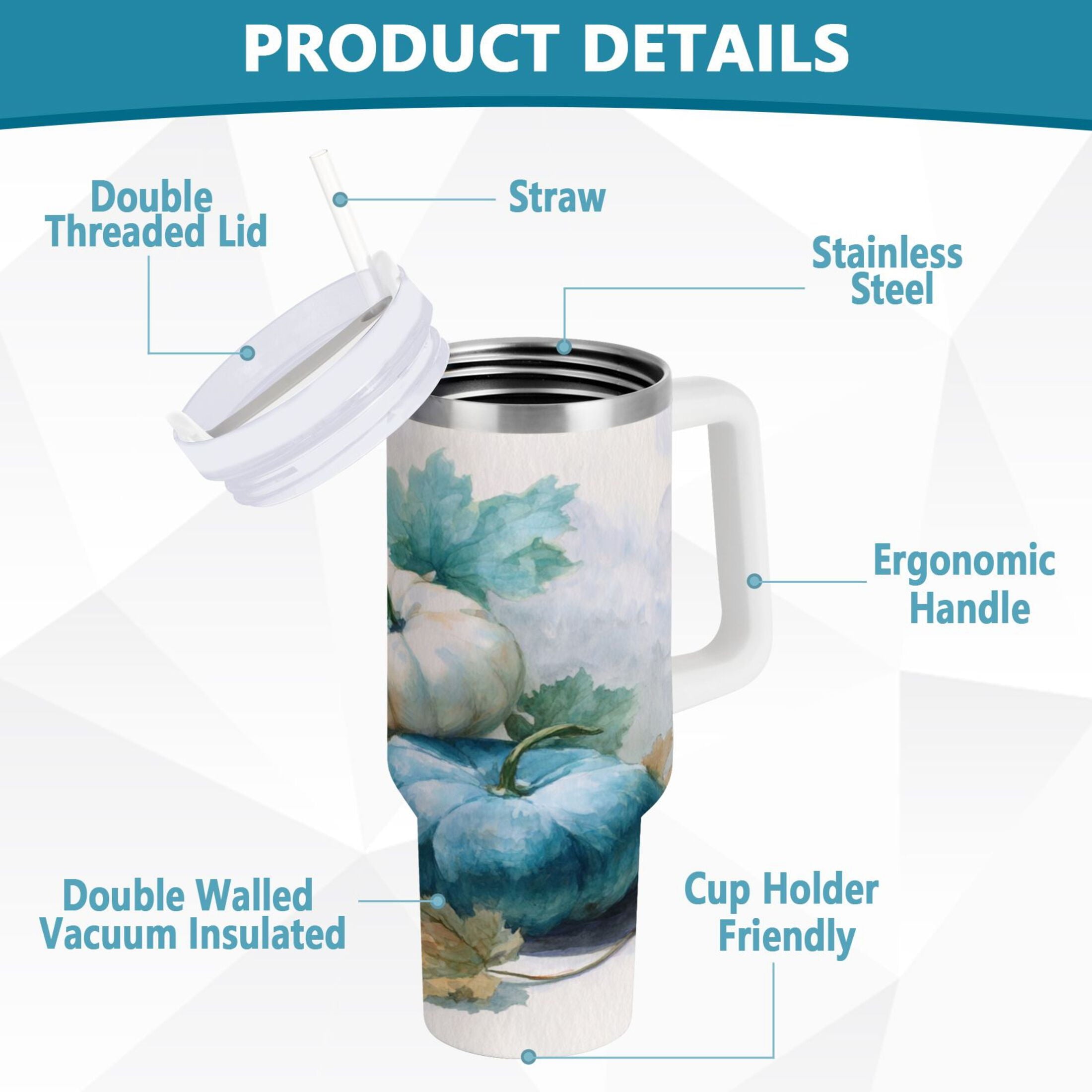 40 oz Insulated Stainless Steel Tumbler Double Wall Stainless Steel Tumbler with 2-Way Drinking Watercolor Pumpkins and Leaves - JSB5