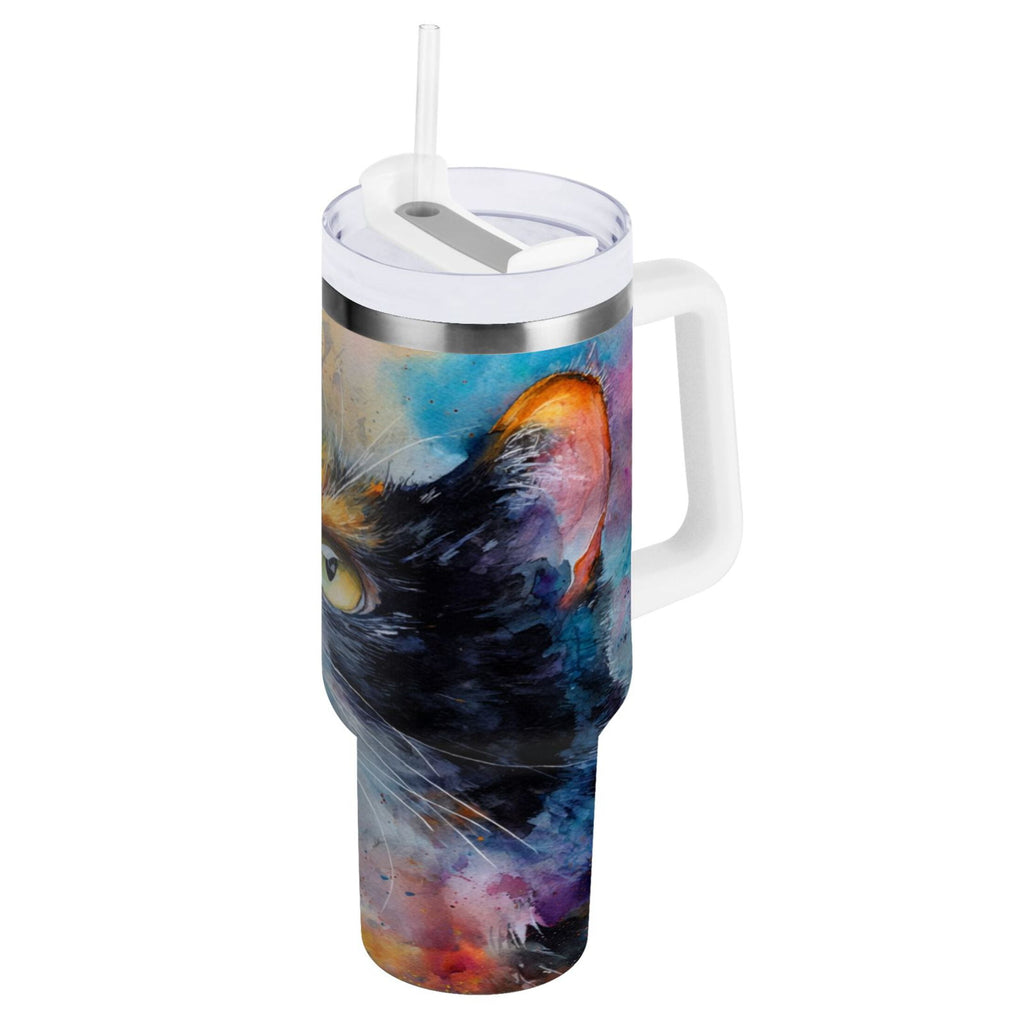 30 oz Insulated Stainless Steel Tumbler Double Wall Stainless Steel Tumbler with 2-Way Drinking Watercolor Calico Cat - E4TS