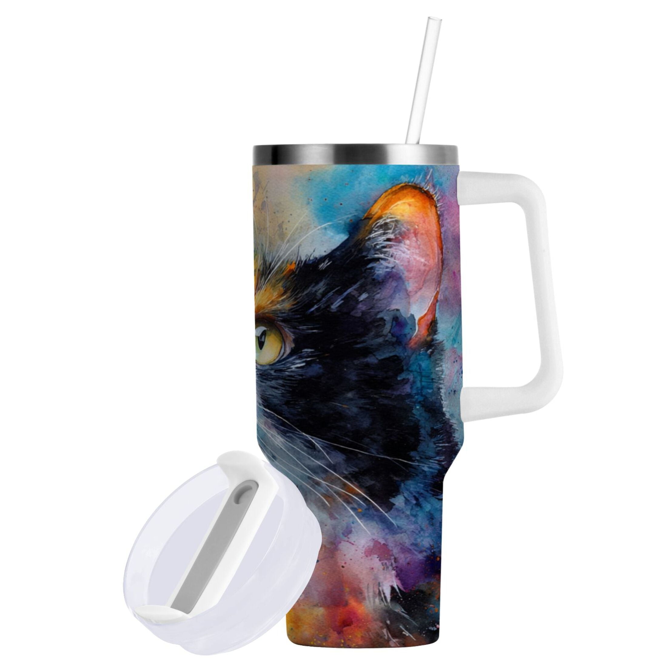 30 oz Insulated Stainless Steel Tumbler Double Wall Stainless Steel Tumbler with 2-Way Drinking Watercolor Calico Cat - E4TS