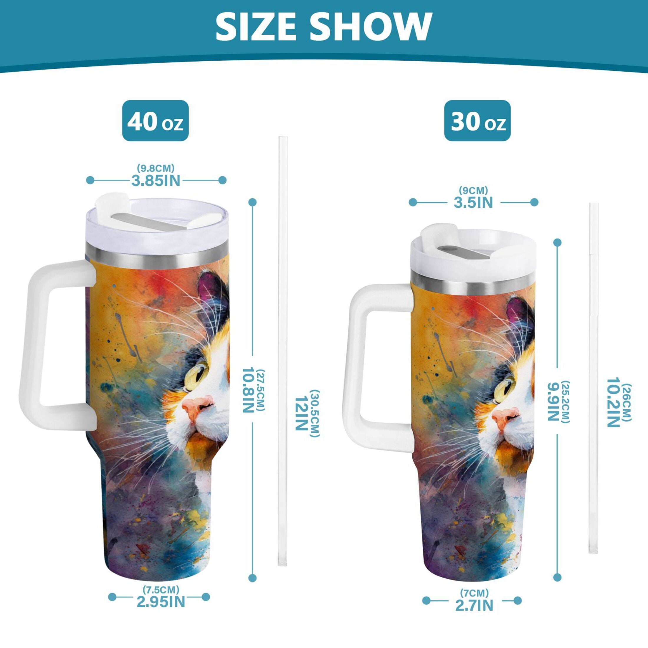 30 oz Insulated Stainless Steel Tumbler Double Wall Stainless Steel Tumbler with 2-Way Drinking Watercolor Calico Cat - E4TS