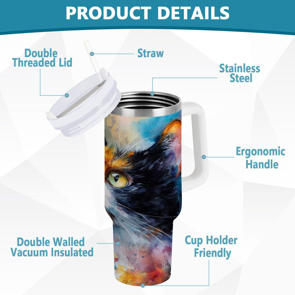 30 oz Insulated Stainless Steel Tumbler Double Wall Stainless Steel Tumbler with 2-Way Drinking Watercolor Calico Cat - E4TS