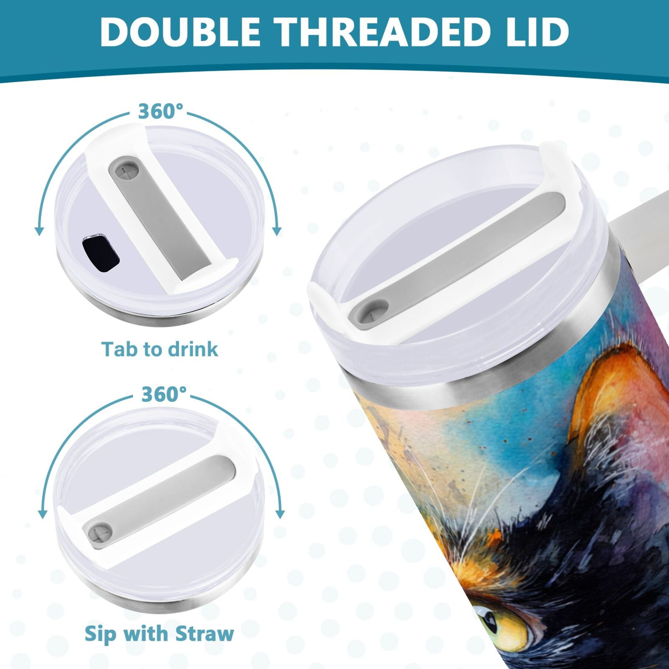30 oz Insulated Stainless Steel Tumbler Double Wall Stainless Steel Tumbler with 2-Way Drinking Watercolor Calico Cat - E4TS