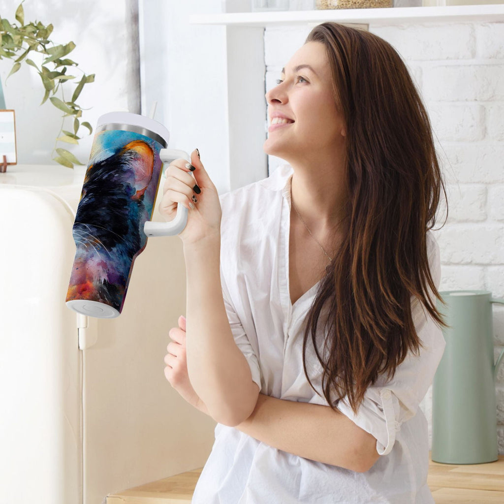 30 oz Insulated Stainless Steel Tumbler Double Wall Stainless Steel Tumbler with 2-Way Drinking Watercolor Calico Cat - E4TS