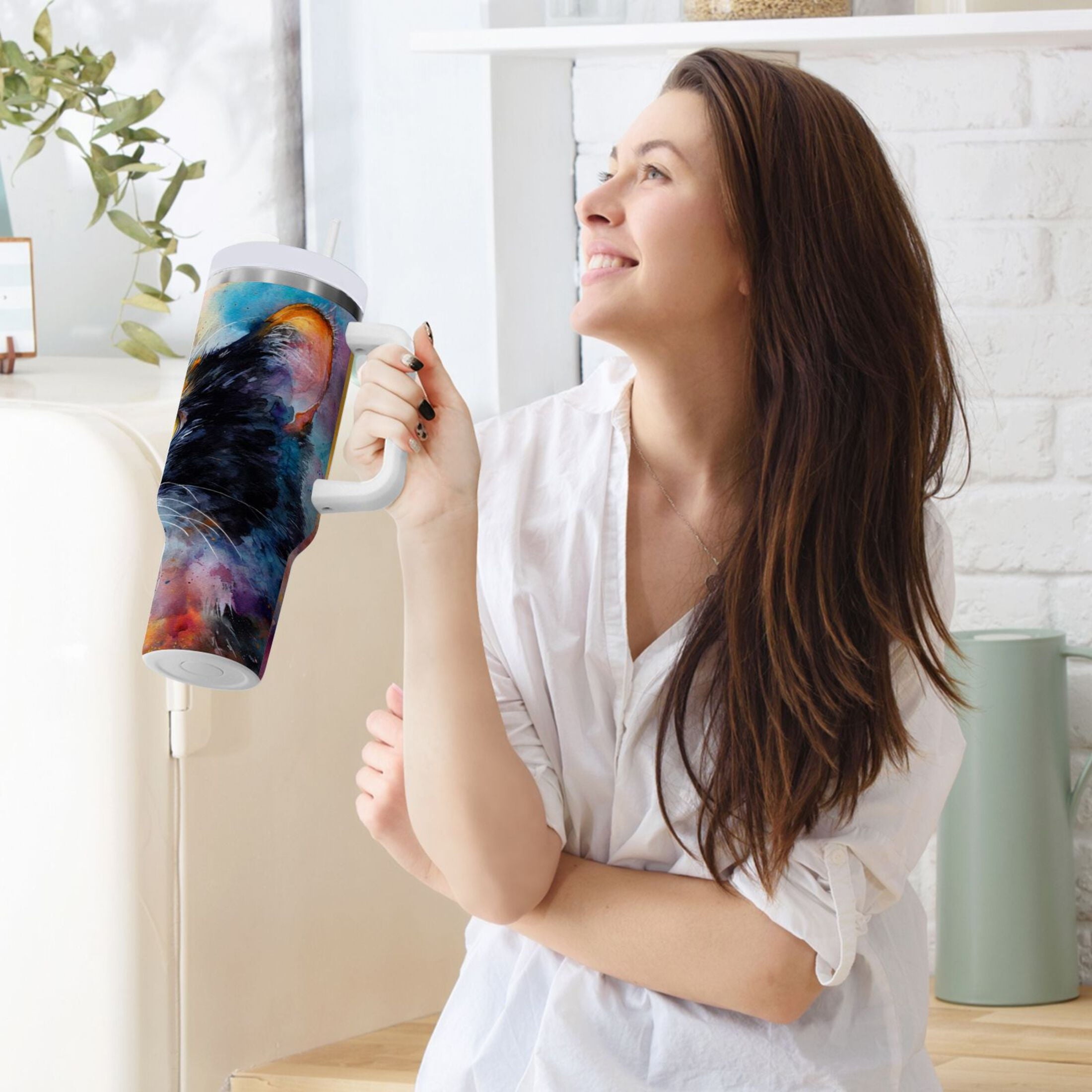 30 oz Insulated Stainless Steel Tumbler Double Wall Stainless Steel Tumbler with 2-Way Drinking Watercolor Calico Cat - E4TS