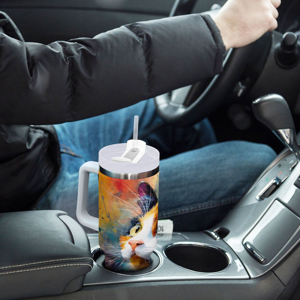30 oz Insulated Stainless Steel Tumbler Double Wall Stainless Steel Tumbler with 2-Way Drinking Watercolor Calico Cat - E4TS