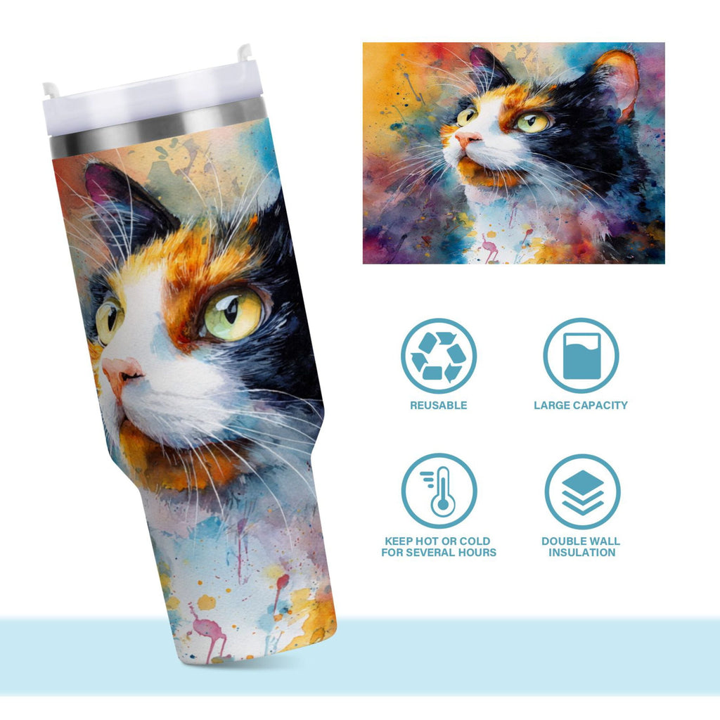 30 oz Insulated Stainless Steel Tumbler Double Wall Stainless Steel Tumbler with 2-Way Drinking Watercolor Calico Cat - E4TS