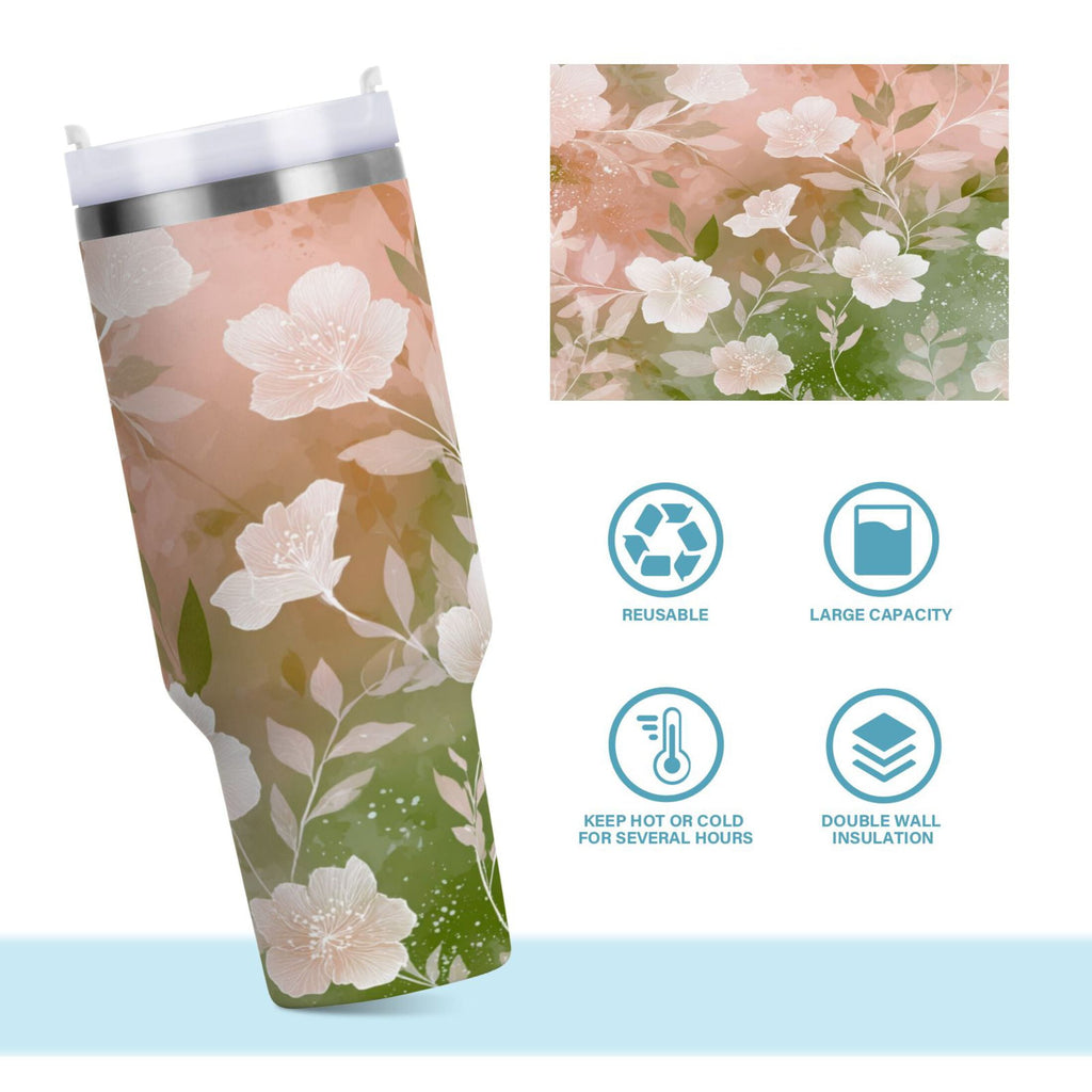 30 oz Insulated Stainless Steel Tumbler Double Wall Stainless Steel Tumbler with 2-Way Drinking Gradient Elegant Floral - XGD0