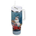 40 oz Insulated Stainless Steel Tumbler Double Wall Stainless Steel Tumbler with 2-Way Drinking Christmas Snowman in A Red Truck - QAZX