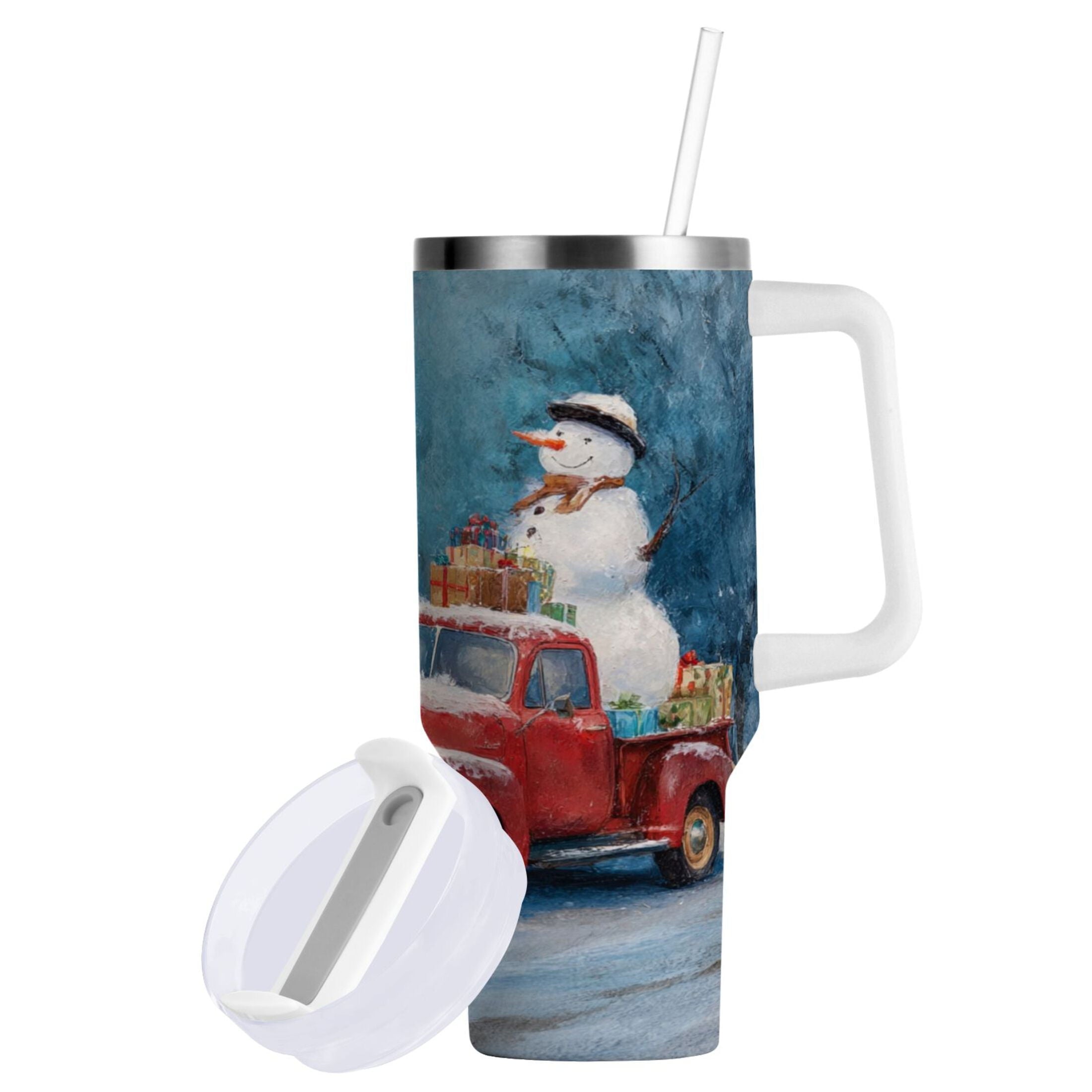 40 oz Insulated Stainless Steel Tumbler Double Wall Stainless Steel Tumbler with 2-Way Drinking Christmas Snowman in A Red Truck - QAZX