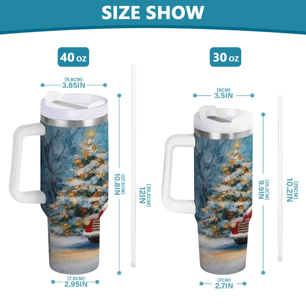 40 oz Insulated Stainless Steel Tumbler Double Wall Stainless Steel Tumbler with 2-Way Drinking Christmas Snowman in A Red Truck - QAZX