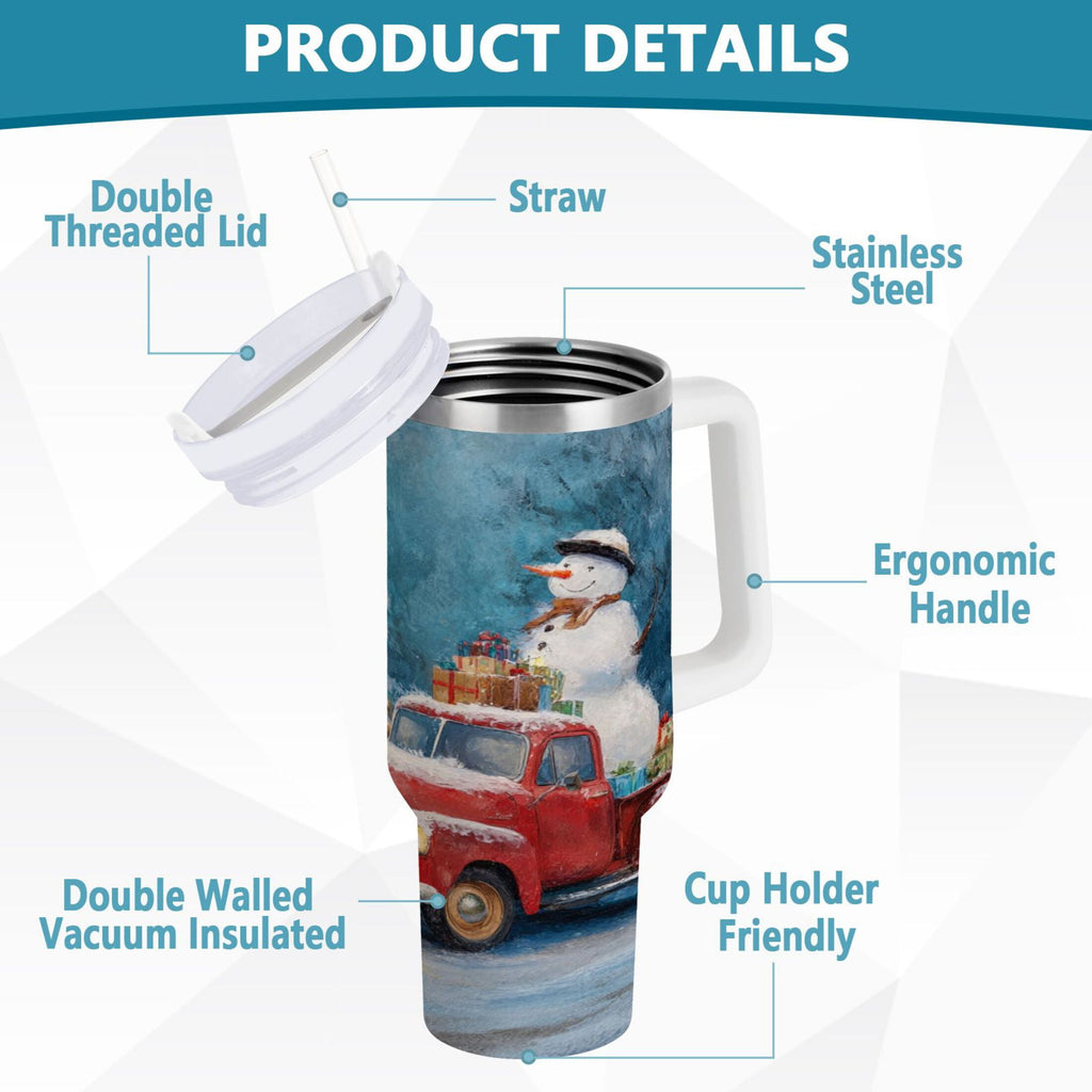 40 oz Insulated Stainless Steel Tumbler Double Wall Stainless Steel Tumbler with 2-Way Drinking Christmas Snowman in A Red Truck - QAZX
