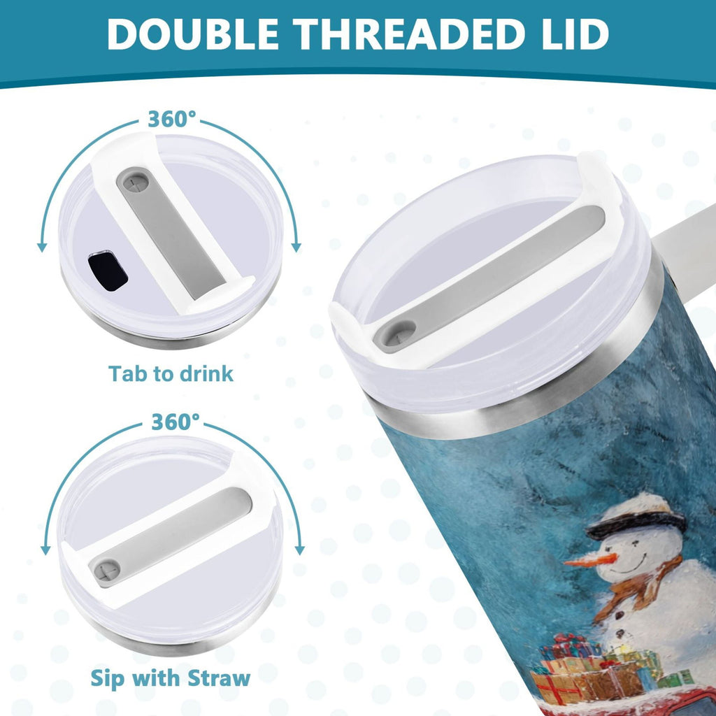 40 oz Insulated Stainless Steel Tumbler Double Wall Stainless Steel Tumbler with 2-Way Drinking Christmas Snowman in A Red Truck - QAZX