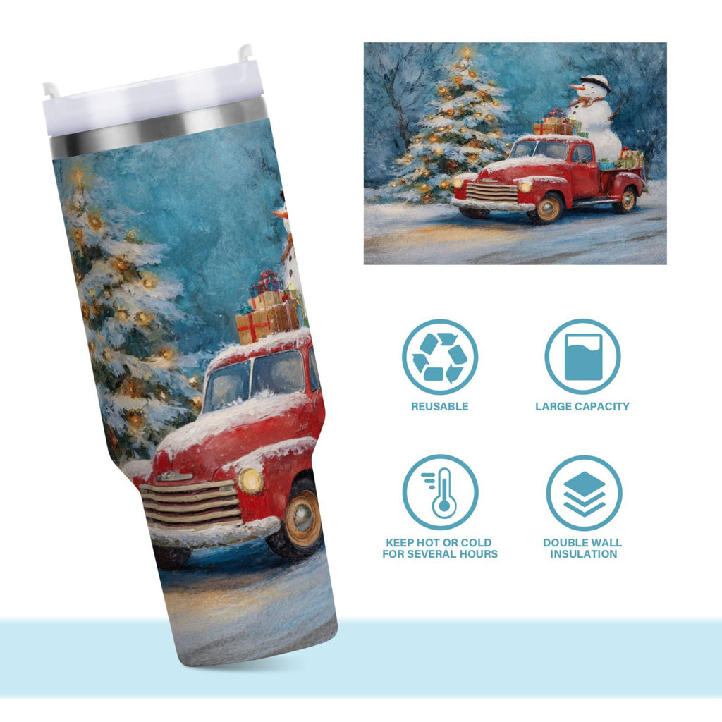 40 oz Insulated Stainless Steel Tumbler Double Wall Stainless Steel Tumbler with 2-Way Drinking Christmas Snowman in A Red Truck - QAZX