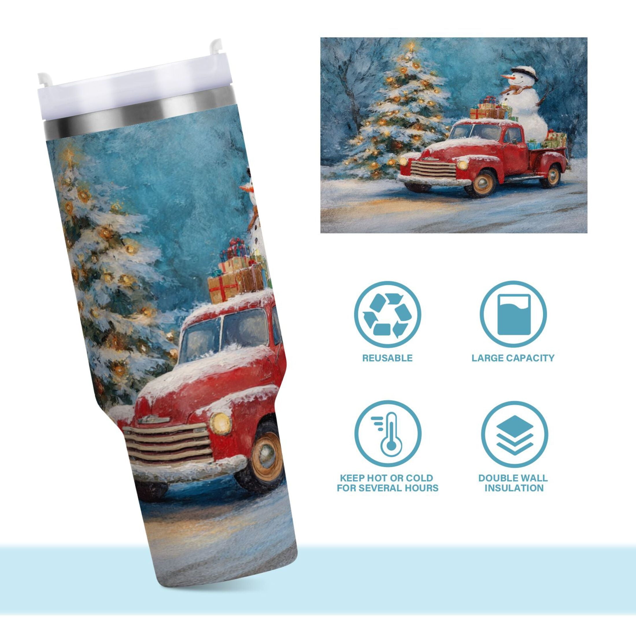 40 oz Insulated Stainless Steel Tumbler Double Wall Stainless Steel Tumbler with 2-Way Drinking Christmas Snowman in A Red Truck - QAZX