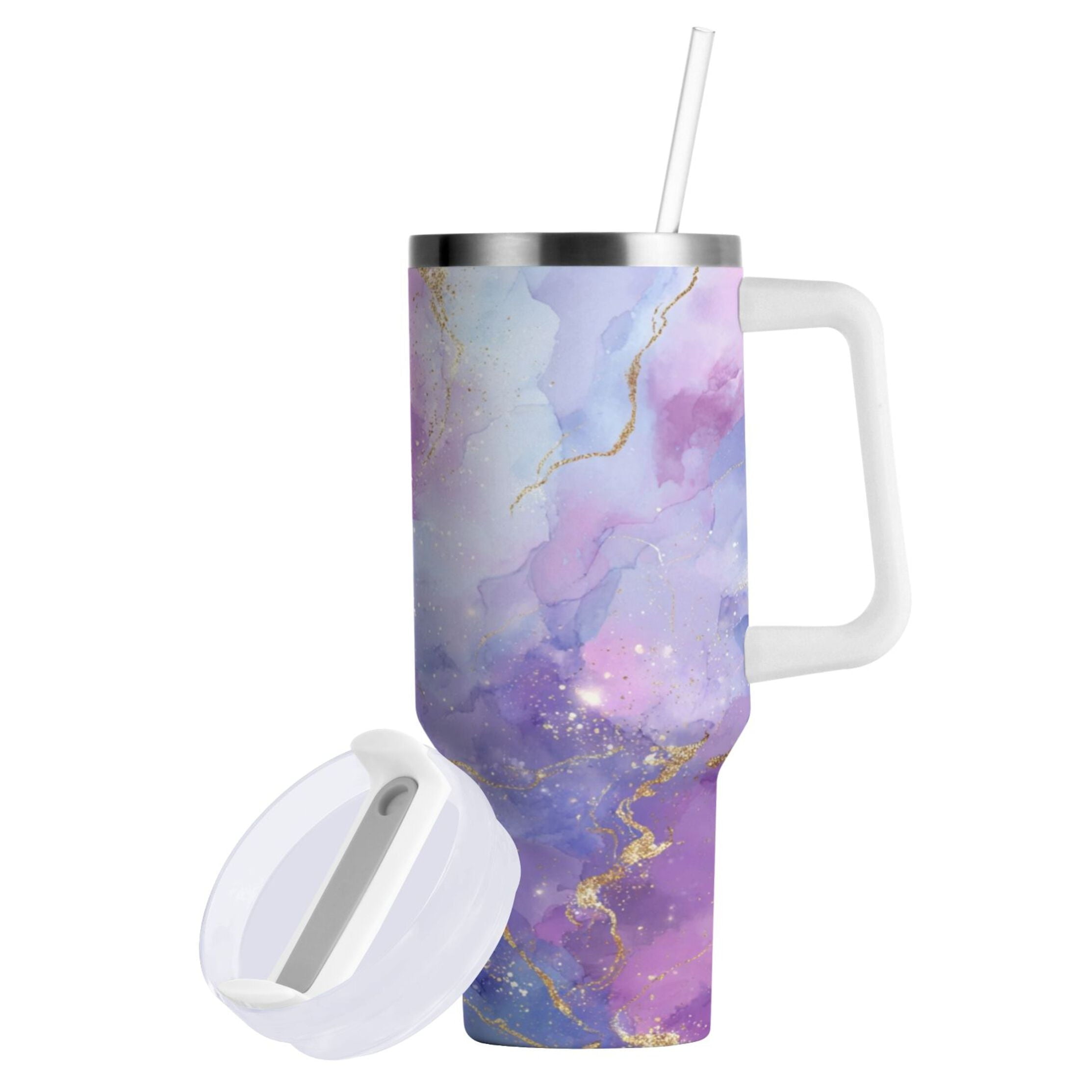 40 oz Insulated Stainless Steel Tumbler Double Wall Stainless Steel Tumbler with 2-Way Drinking Pink and Blue Marble Texture - 3W9J