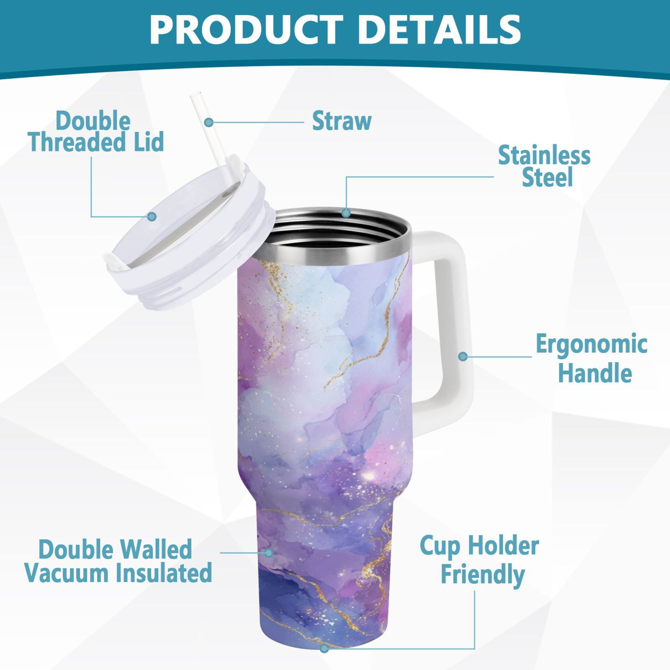 40 oz Insulated Stainless Steel Tumbler Double Wall Stainless Steel Tumbler with 2-Way Drinking Pink and Blue Marble Texture - 3W9J
