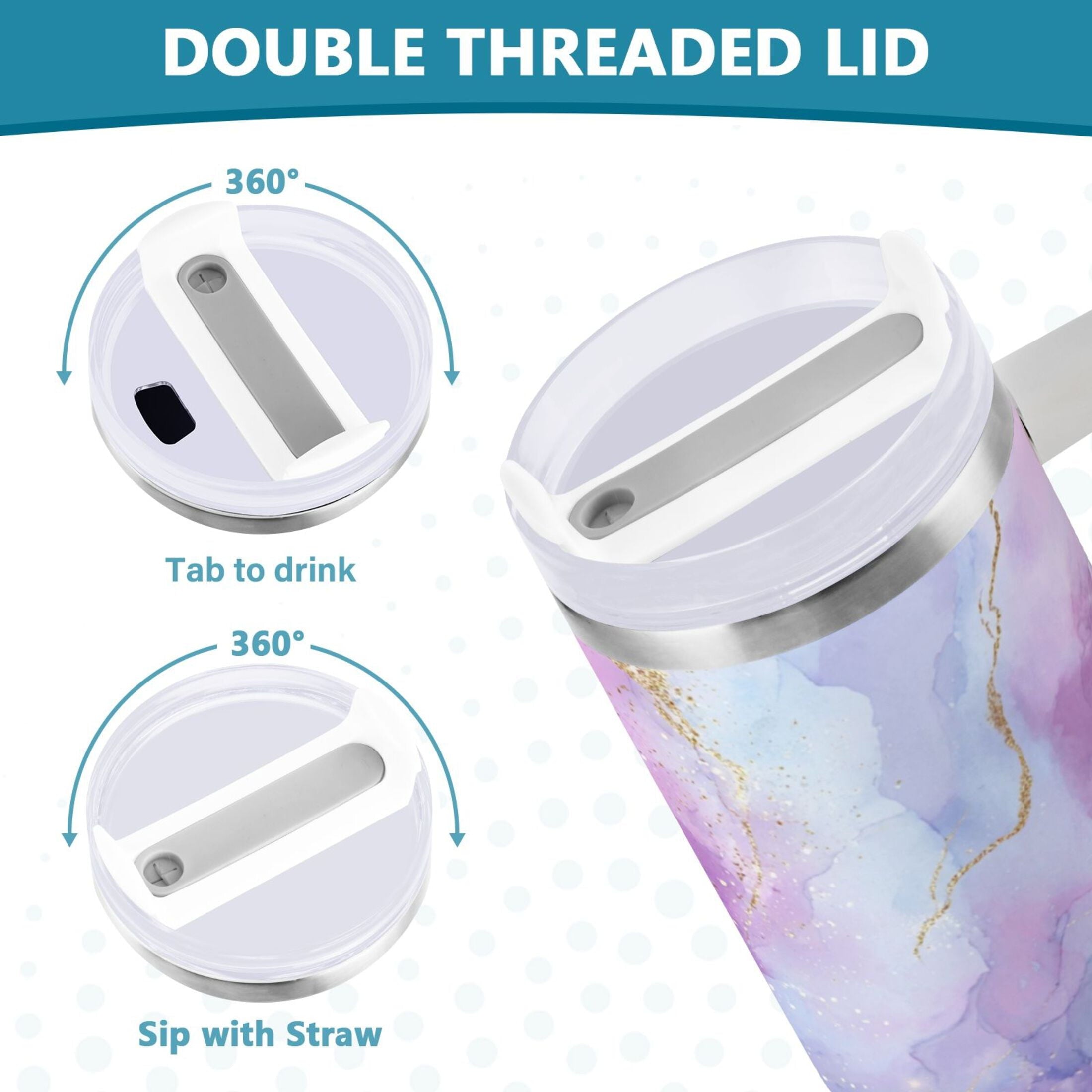 40 oz Insulated Stainless Steel Tumbler Double Wall Stainless Steel Tumbler with 2-Way Drinking Pink and Blue Marble Texture - 3W9J