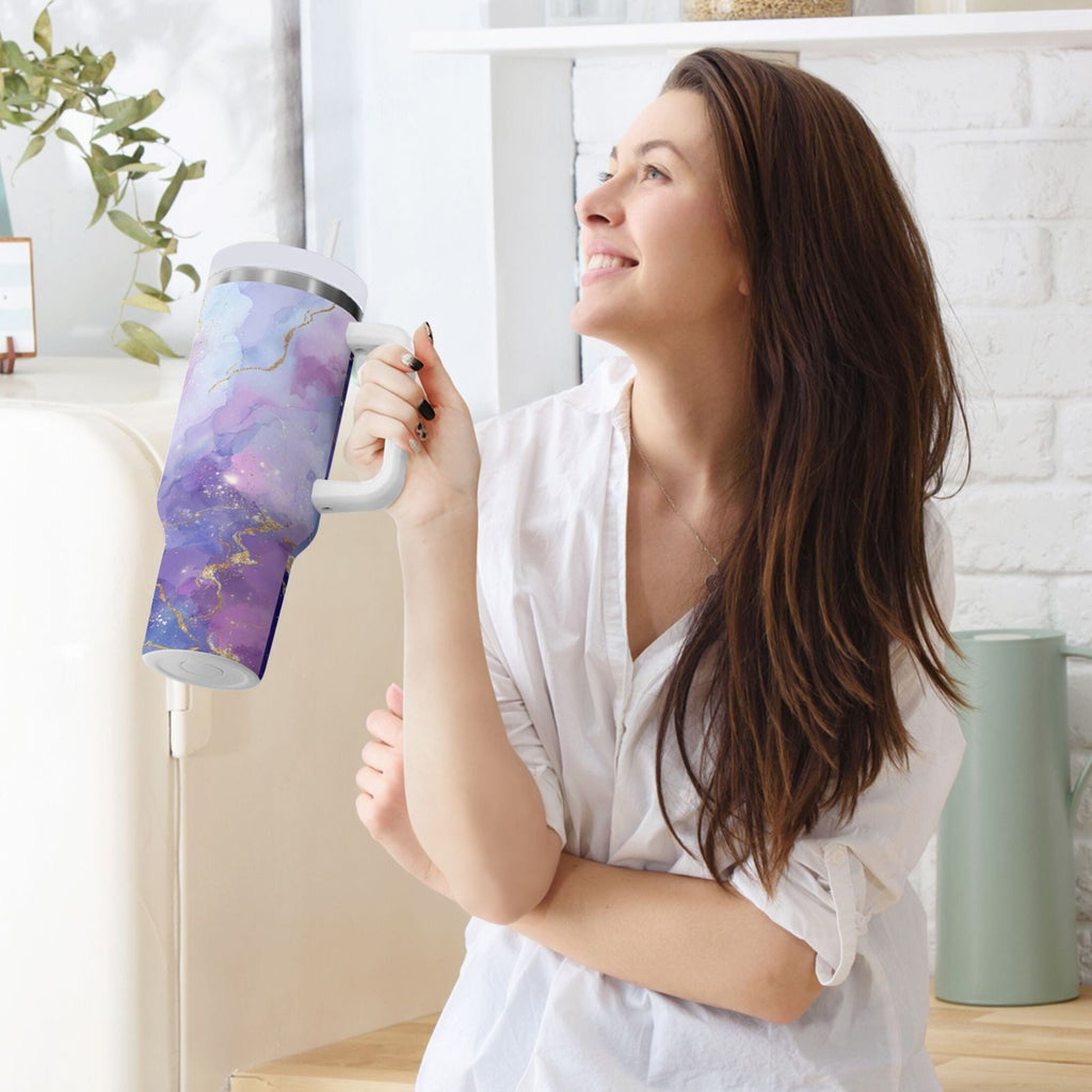 40 oz Insulated Stainless Steel Tumbler Double Wall Stainless Steel Tumbler with 2-Way Drinking Pink and Blue Marble Texture - 3W9J