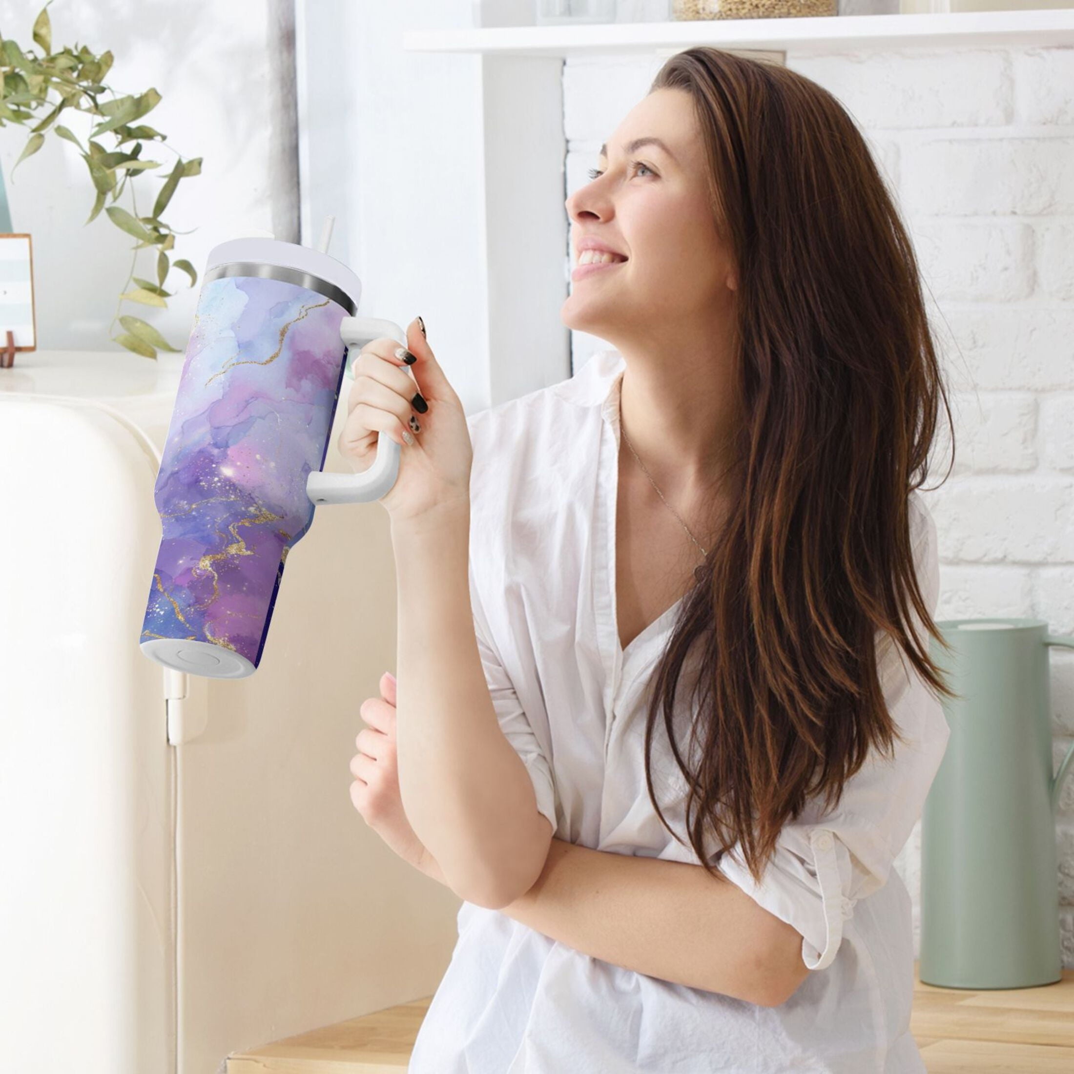 40 oz Insulated Stainless Steel Tumbler Double Wall Stainless Steel Tumbler with 2-Way Drinking Pink and Blue Marble Texture - 3W9J