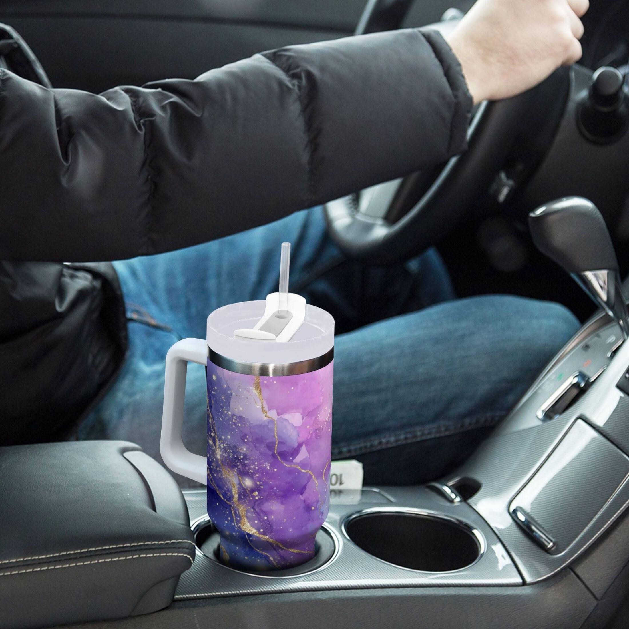 40 oz Insulated Stainless Steel Tumbler Double Wall Stainless Steel Tumbler with 2-Way Drinking Pink and Blue Marble Texture - 3W9J