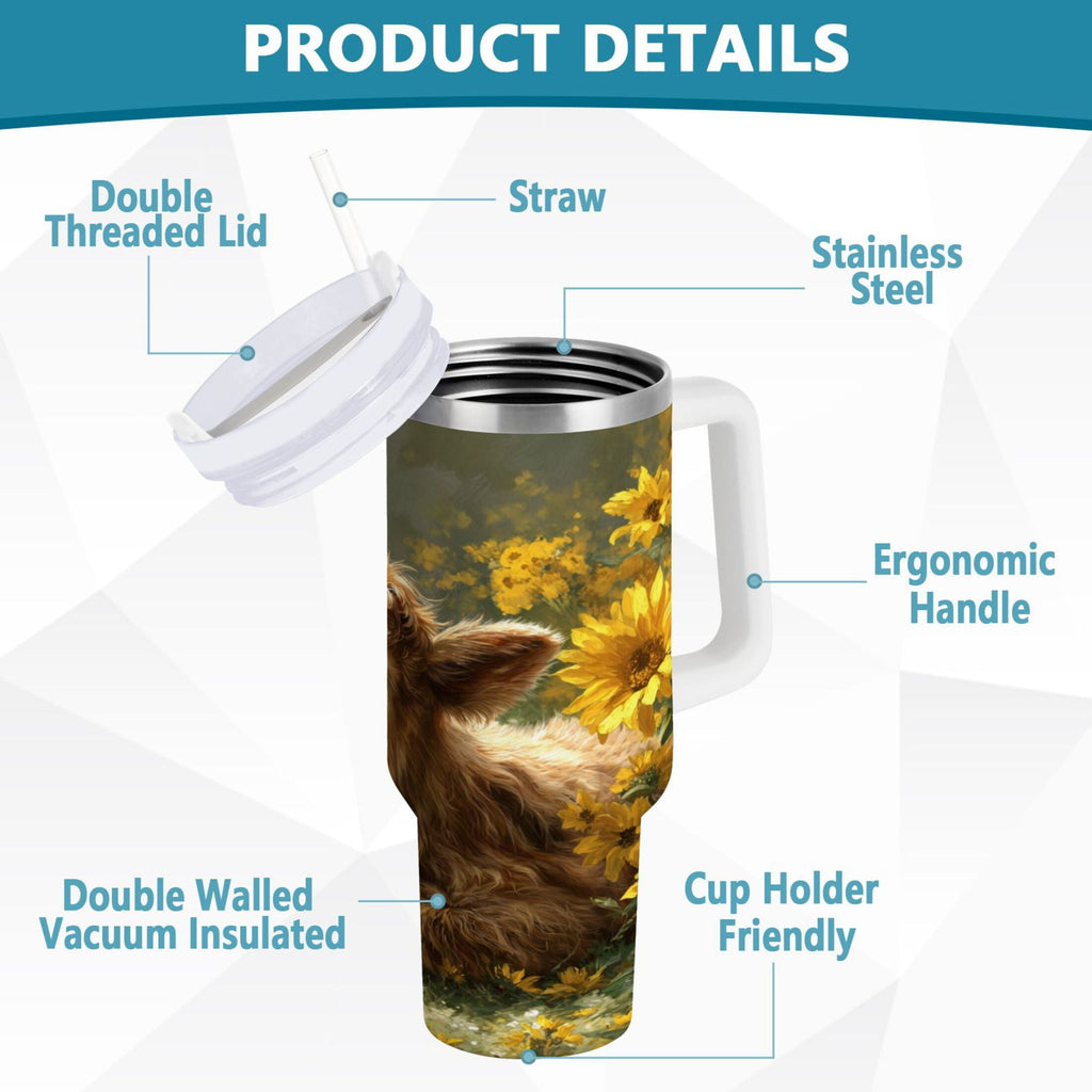 40 oz Insulated Stainless Steel Tumbler Double Wall Stainless Steel Tumbler with 2-Way Drinking Cow Lying in Sunflowers - R1KL