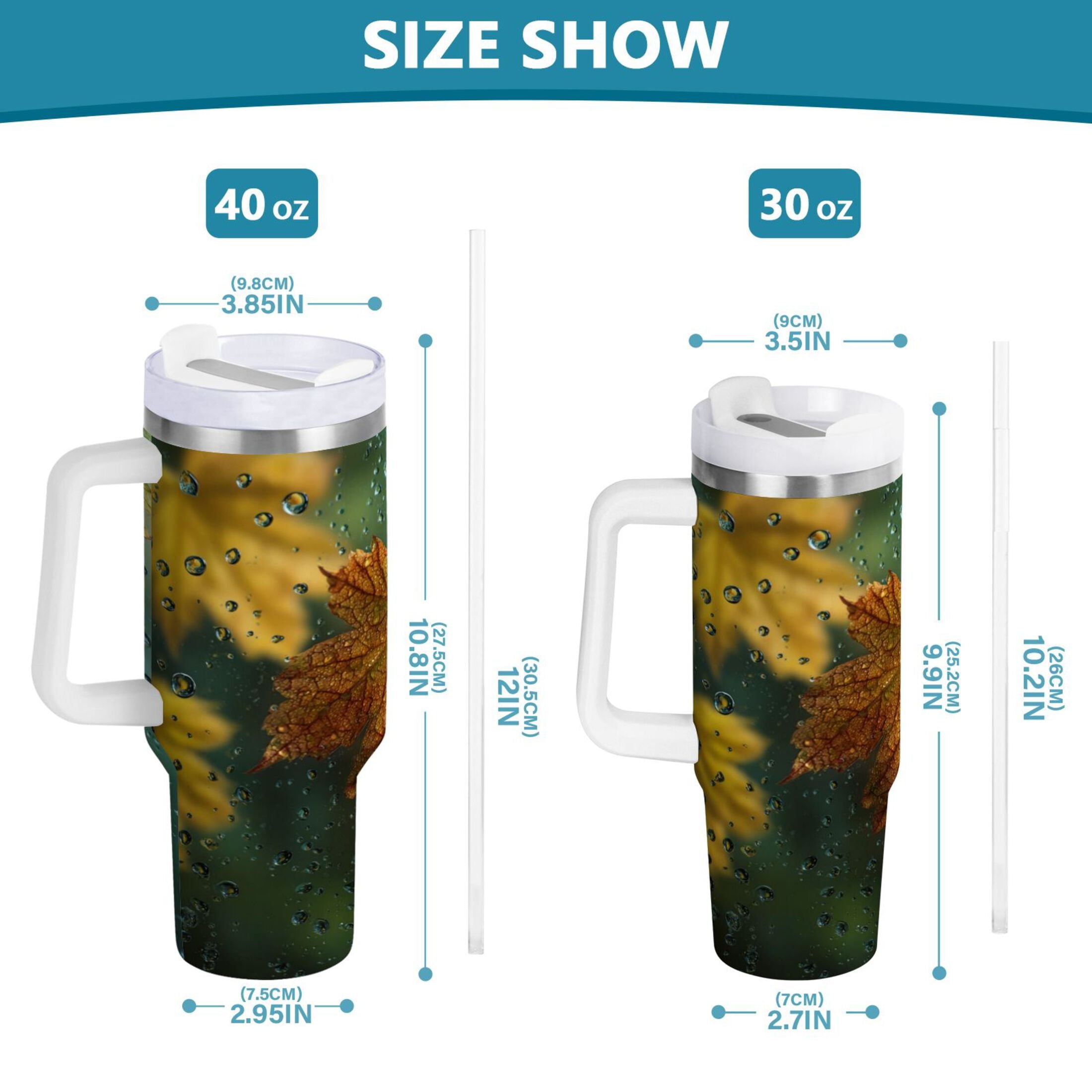 30 oz Insulated Stainless Steel Tumbler Double Wall Stainless Steel Tumbler with 2-Way Drinking Leaves with Water Droplets - 57M5