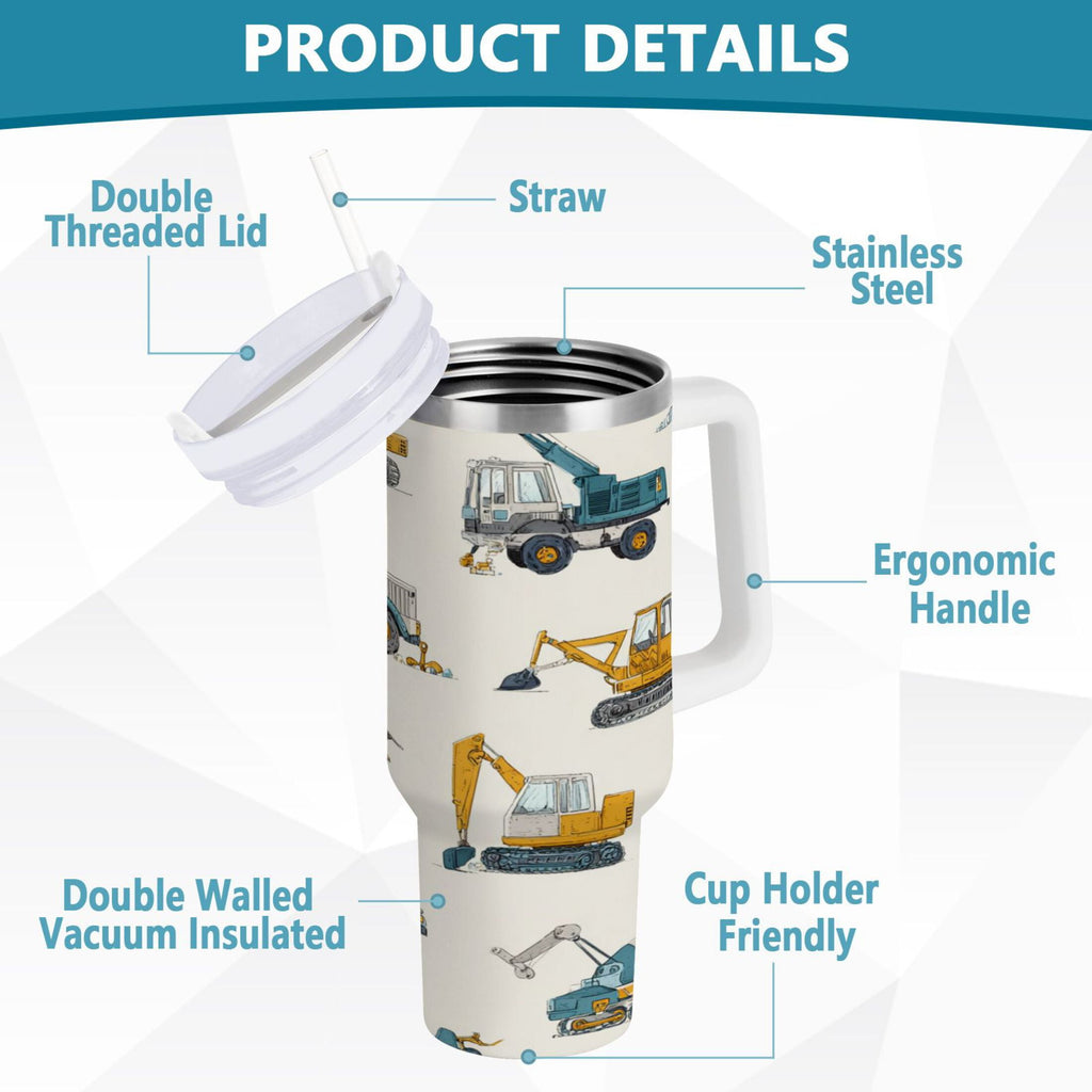 30 oz Insulated Stainless Steel Tumbler Double Wall Stainless Steel Tumbler with 2-Way Drinking Engineering Vehicle Pattern - 0OK9