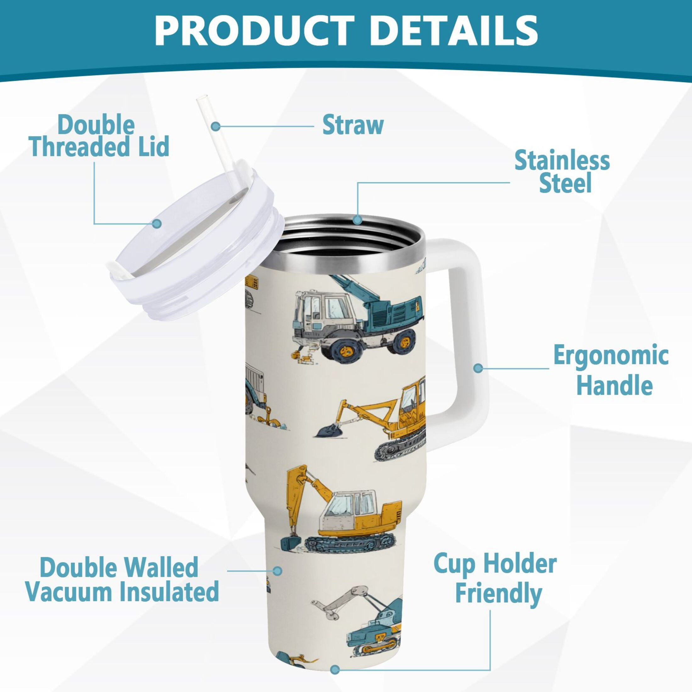 30 oz Insulated Stainless Steel Tumbler Double Wall Stainless Steel Tumbler with 2-Way Drinking Engineering Vehicle Pattern - 0OK9