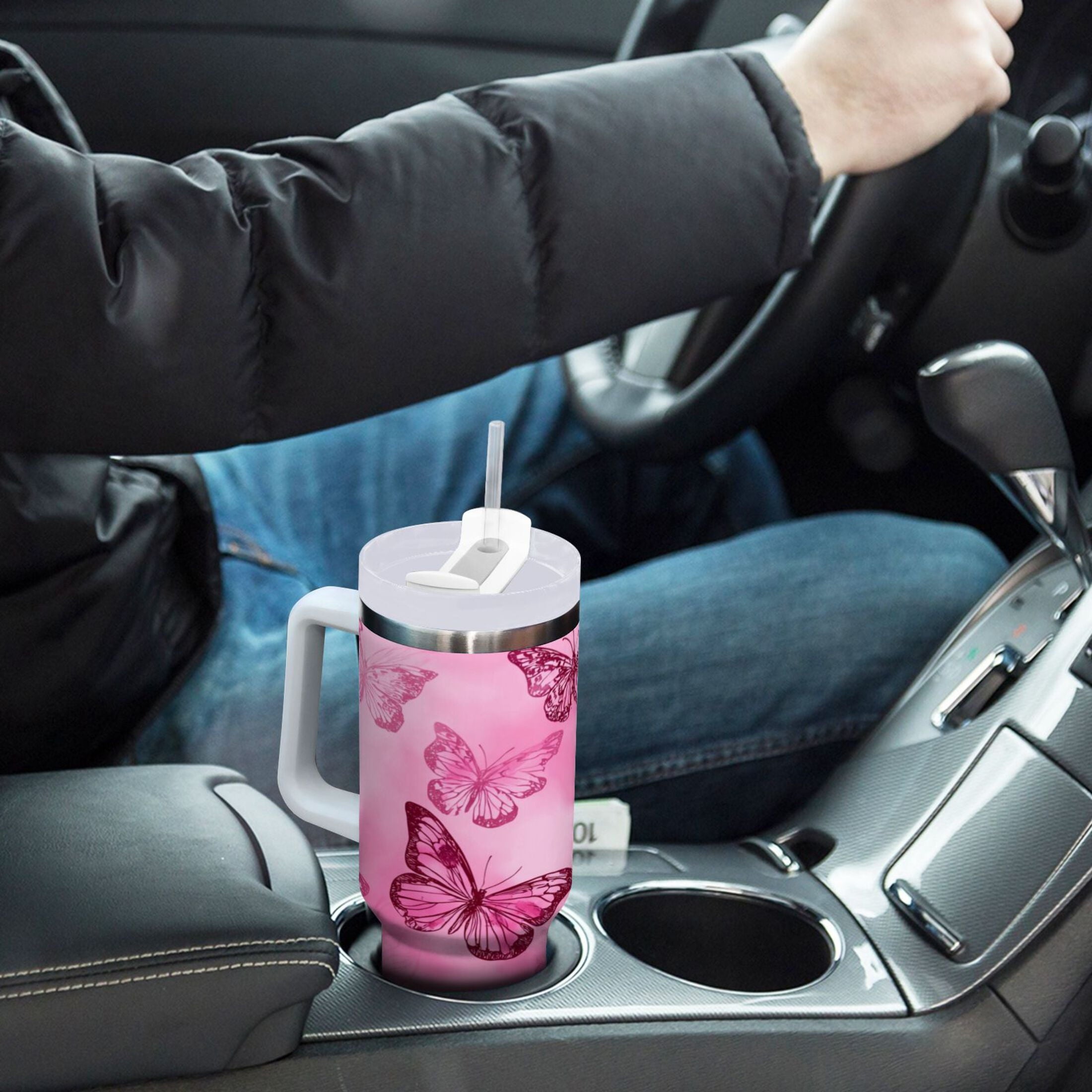40 oz Insulated Stainless Steel Tumbler Double Wall Stainless Steel Tumbler with 2-Way Drinking Pink Butterfly Pattern - FMB4