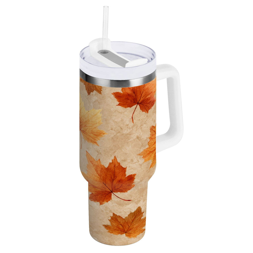 40 oz Insulated Stainless Steel Tumbler Double Wall Stainless Steel Tumbler with 2-Way Drinking Orange Autumn Leaves Pattern - R88P