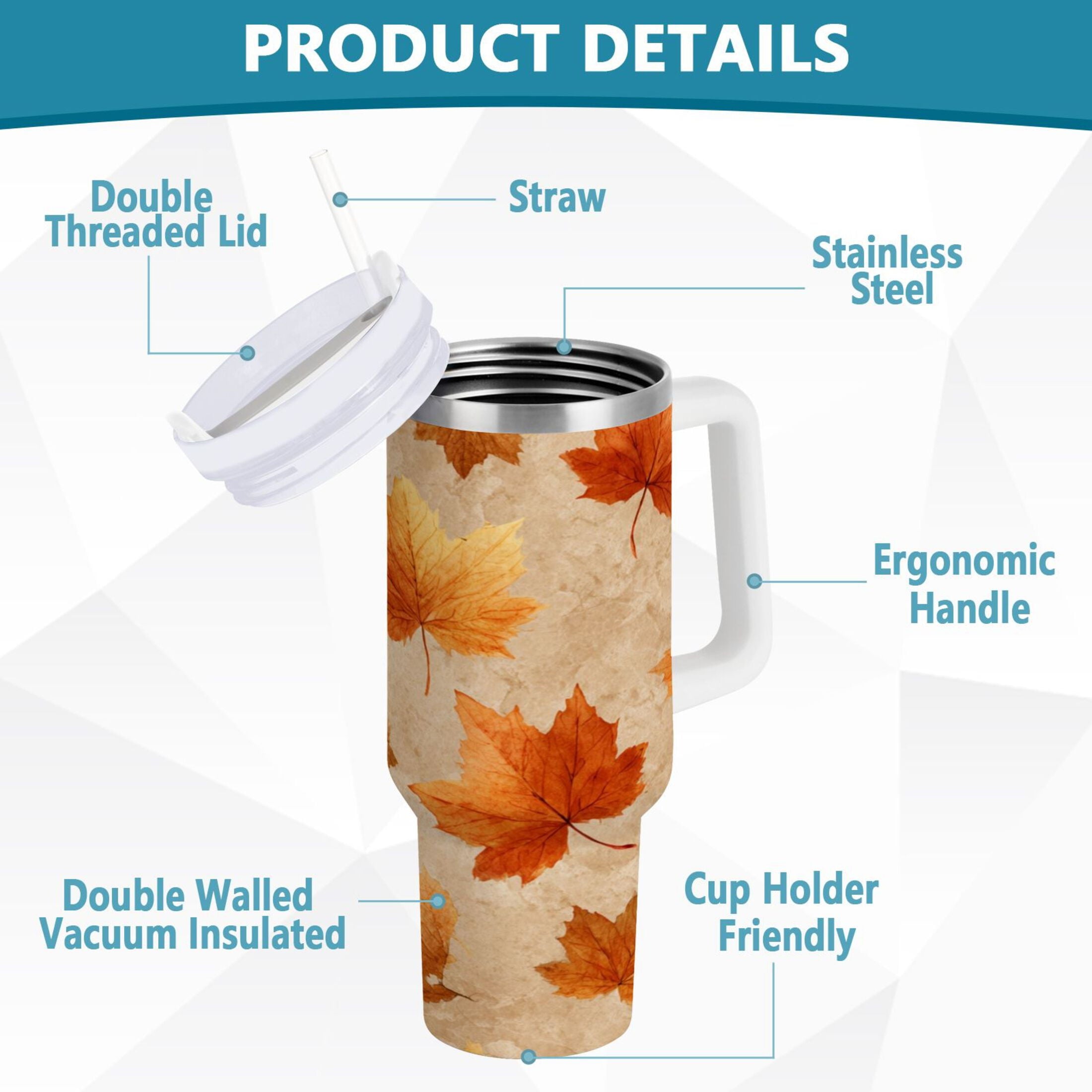 40 oz Insulated Stainless Steel Tumbler Double Wall Stainless Steel Tumbler with 2-Way Drinking Orange Autumn Leaves Pattern - R88P