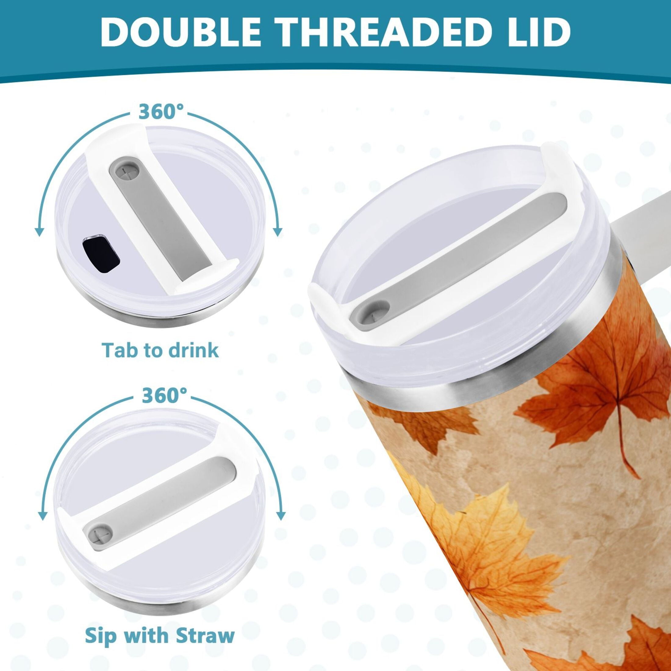 40 oz Insulated Stainless Steel Tumbler Double Wall Stainless Steel Tumbler with 2-Way Drinking Orange Autumn Leaves Pattern - R88P