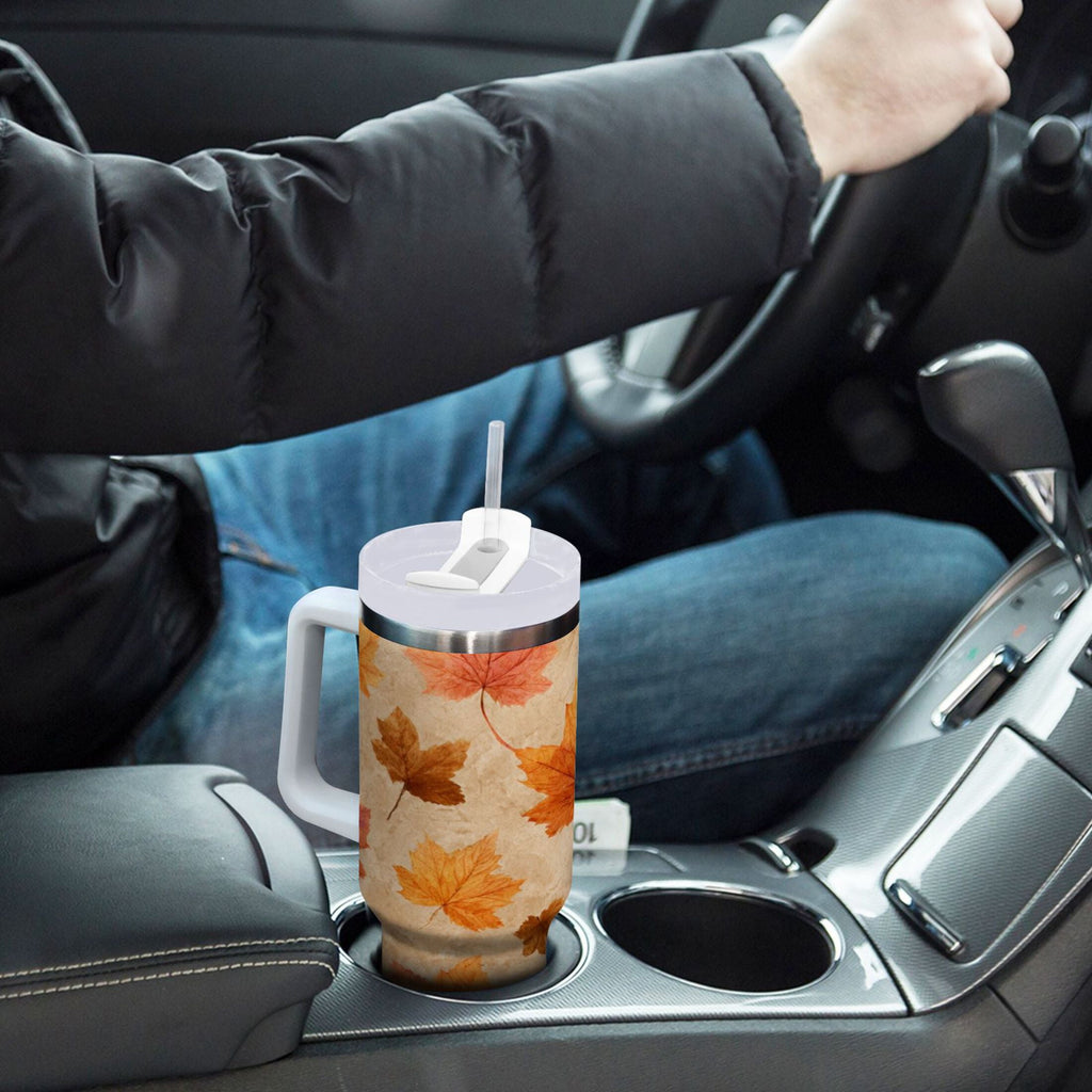 40 oz Insulated Stainless Steel Tumbler Double Wall Stainless Steel Tumbler with 2-Way Drinking Orange Autumn Leaves Pattern - R88P