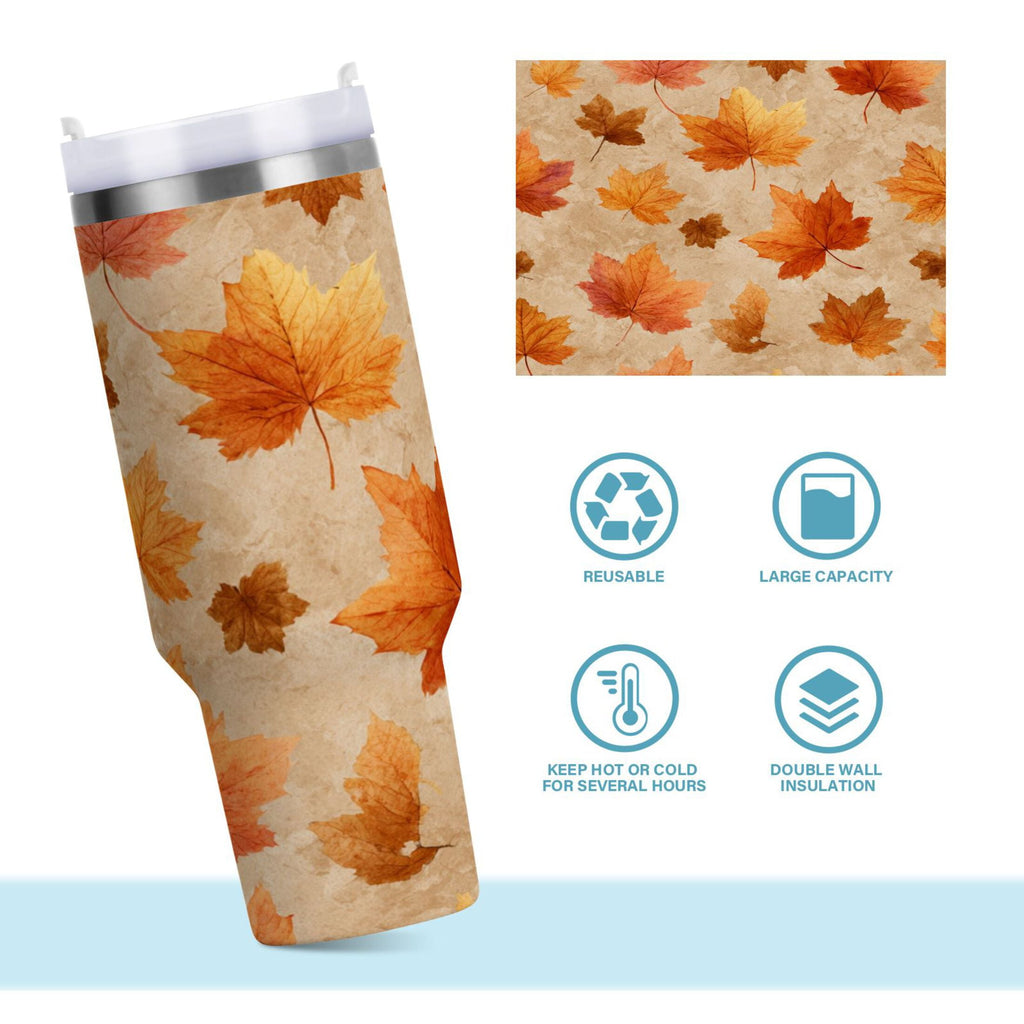 40 oz Insulated Stainless Steel Tumbler Double Wall Stainless Steel Tumbler with 2-Way Drinking Orange Autumn Leaves Pattern - R88P