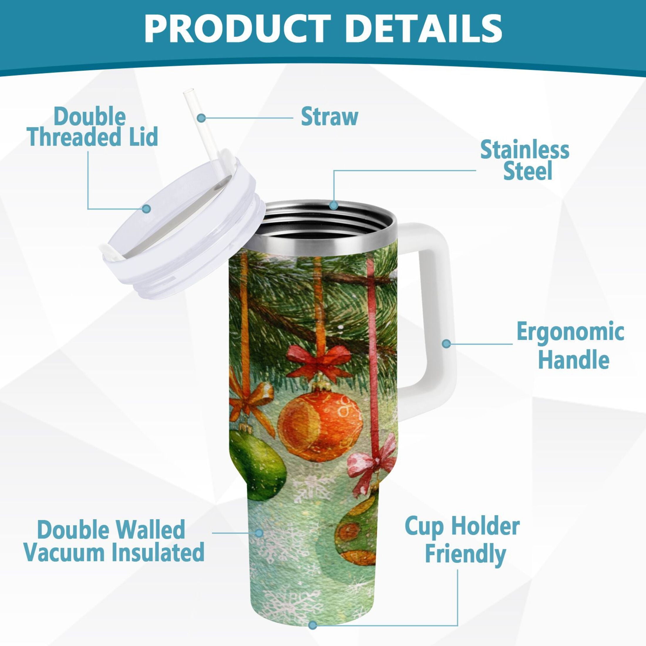 30 oz Insulated Stainless Steel Tumbler Double Wall Stainless Steel Tumbler with 2-Way Drinking Christmas Ornaments Watercolor Painting - D7TJ