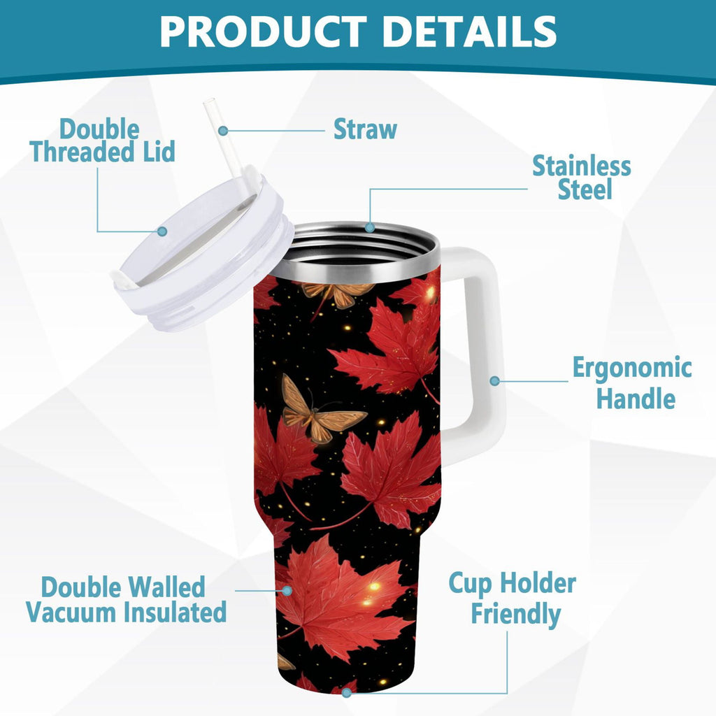 40 oz Insulated Stainless Steel Tumbler Double Wall Stainless Steel Tumbler with 2-Way Drinking Maple Leaves and Fireflies - QT9C