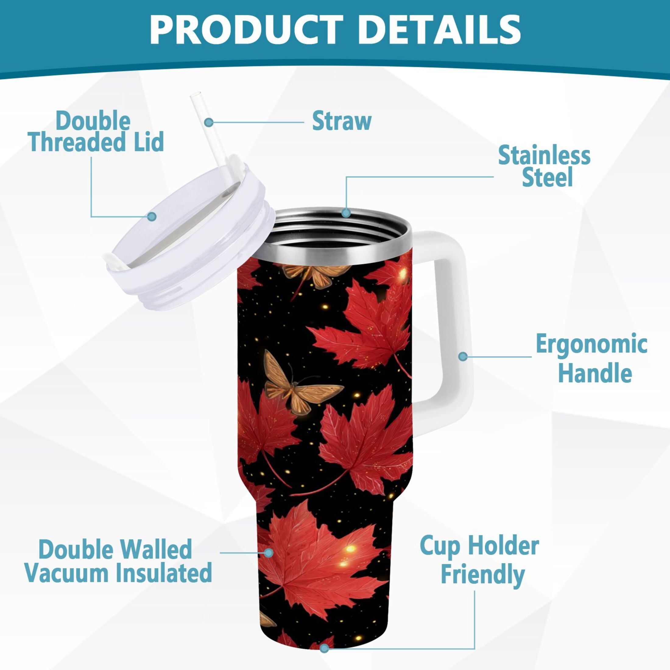 40 oz Insulated Stainless Steel Tumbler Double Wall Stainless Steel Tumbler with 2-Way Drinking Maple Leaves and Fireflies - QT9C