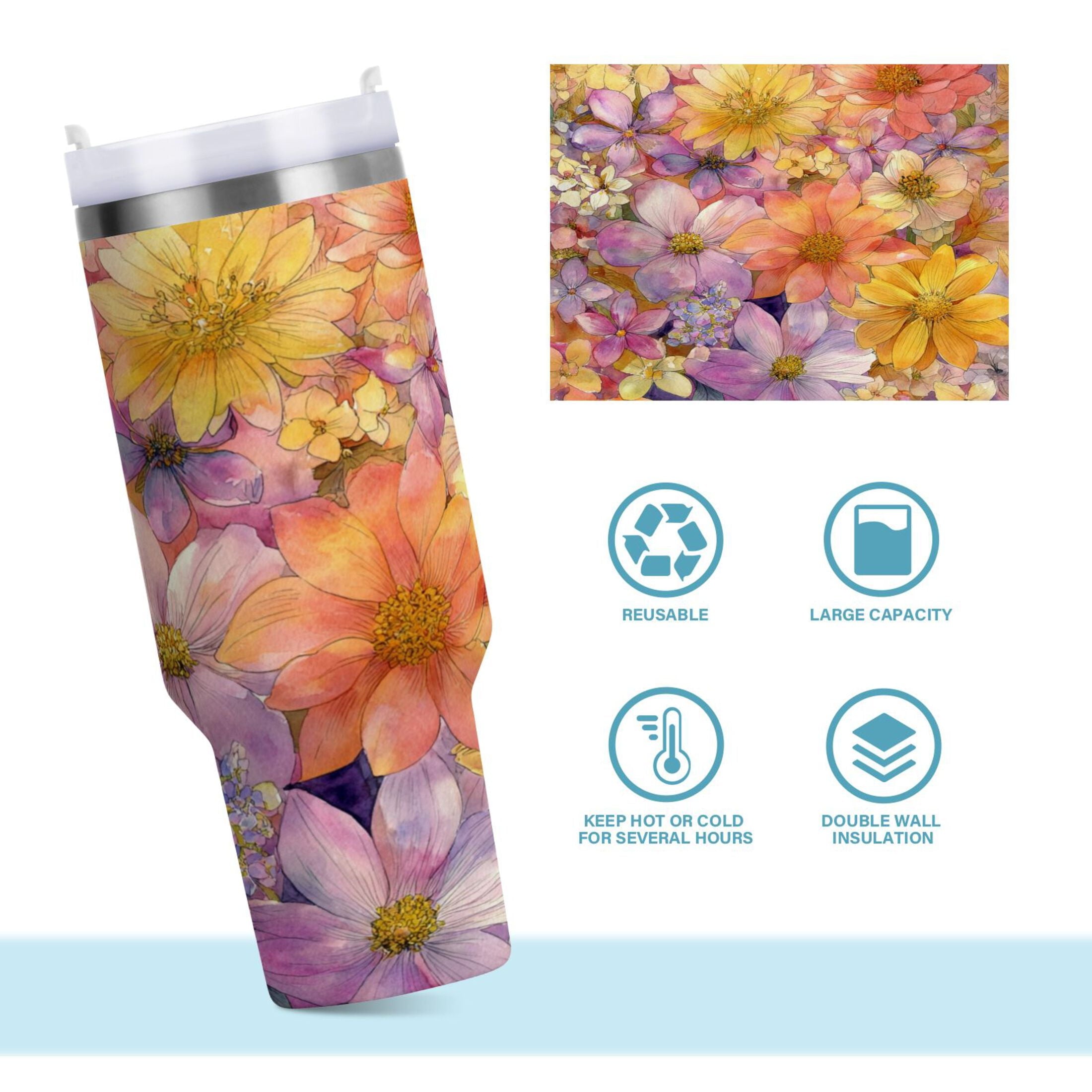 30 oz Insulated Stainless Steel Tumbler Double Wall Stainless Steel Tumbler with 2-Way Drinking Summer Blossoms - ZIWN