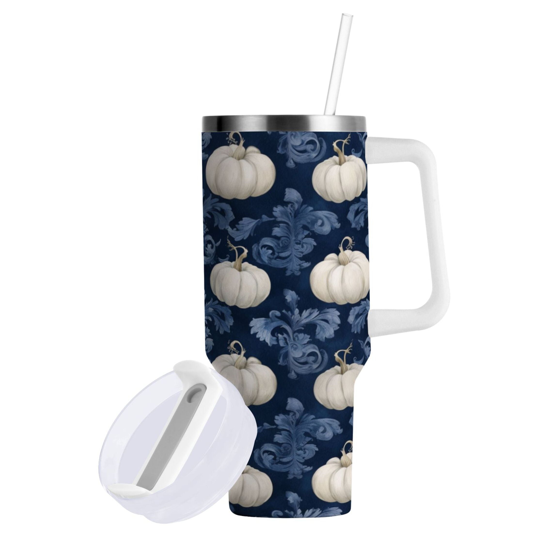 30 oz Insulated Stainless Steel Tumbler Double Wall Stainless Steel Tumbler with 2-Way Drinking Watercolor White Pumpkins - EP82
