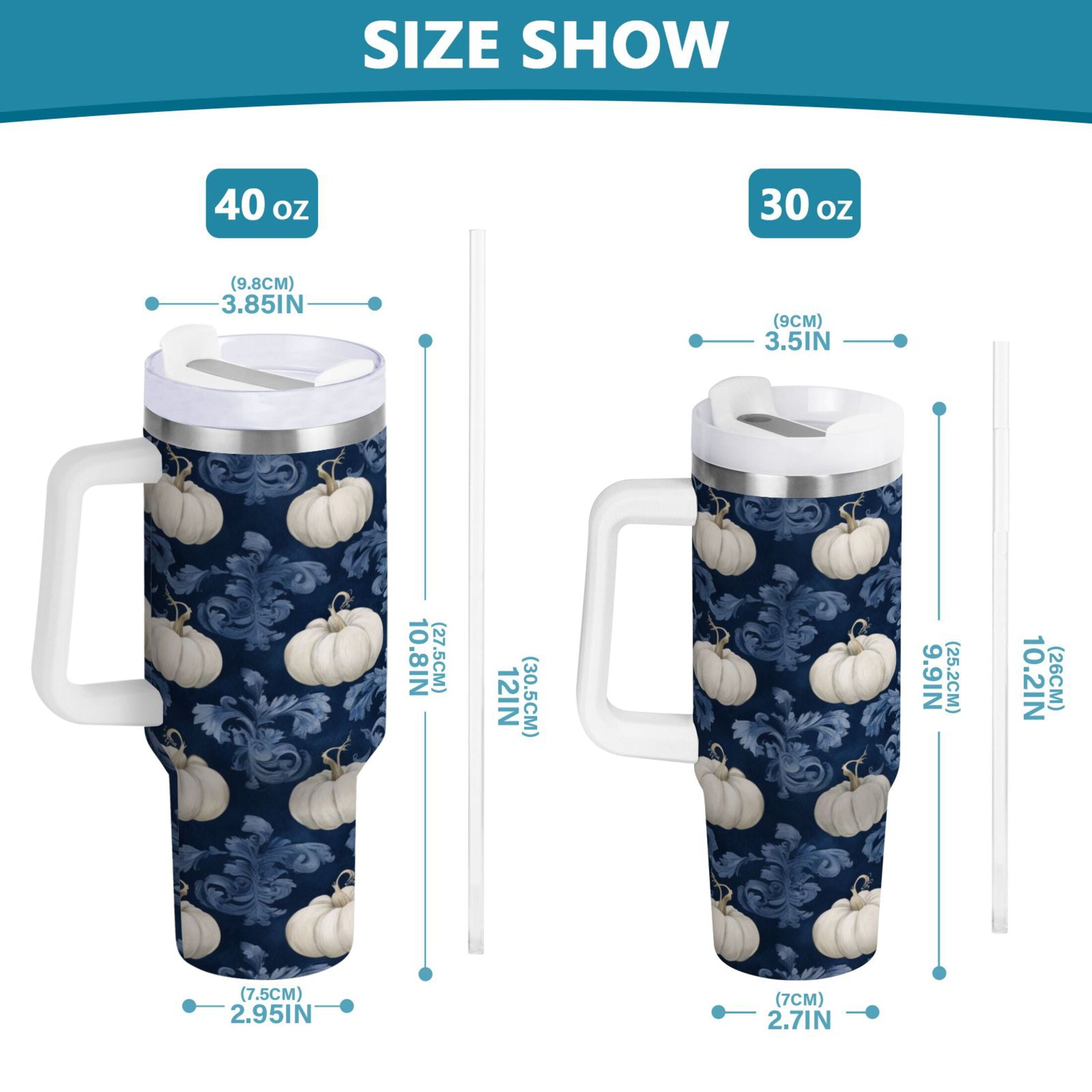 30 oz Insulated Stainless Steel Tumbler Double Wall Stainless Steel Tumbler with 2-Way Drinking Watercolor White Pumpkins - EP82