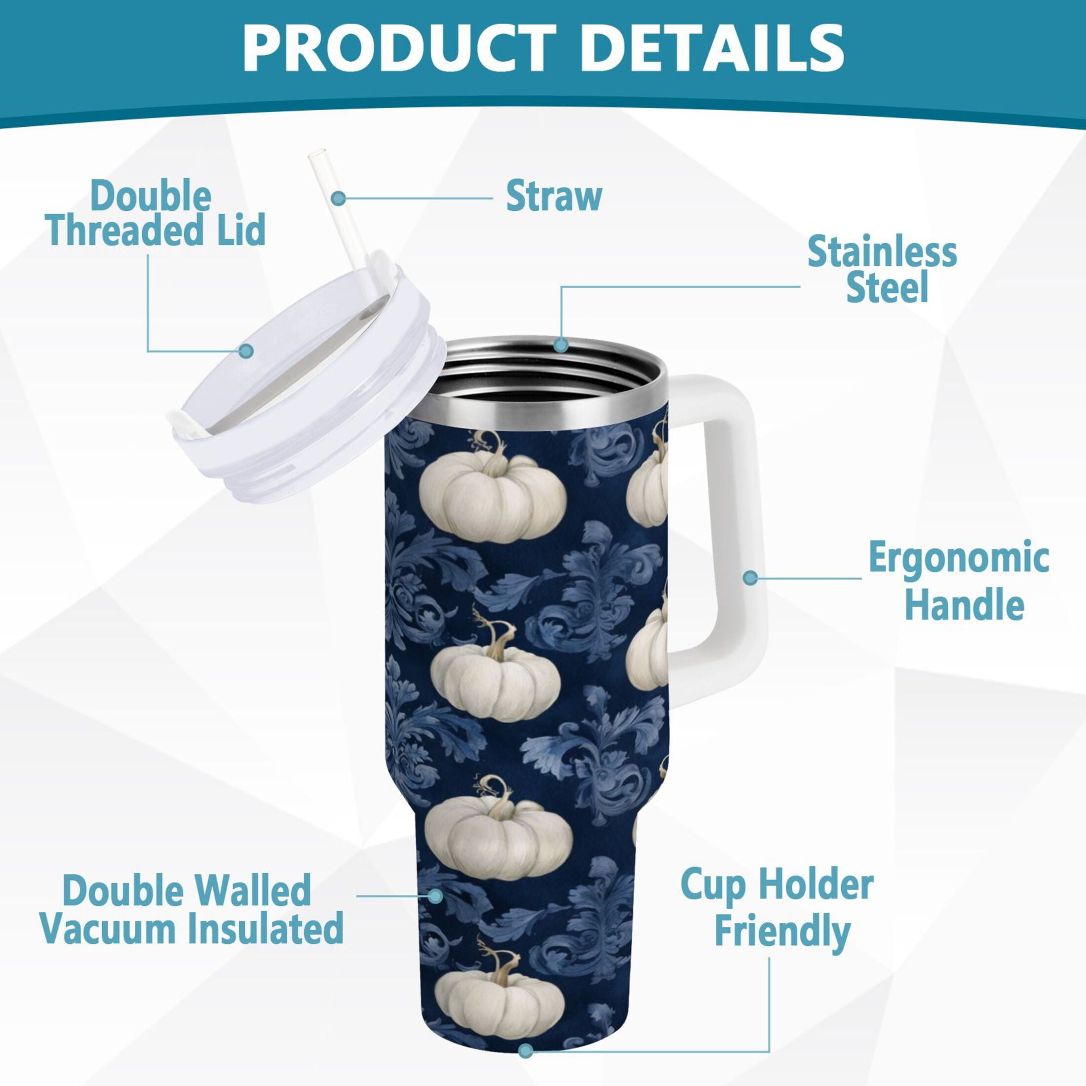 30 oz Insulated Stainless Steel Tumbler Double Wall Stainless Steel Tumbler with 2-Way Drinking Watercolor White Pumpkins - EP82