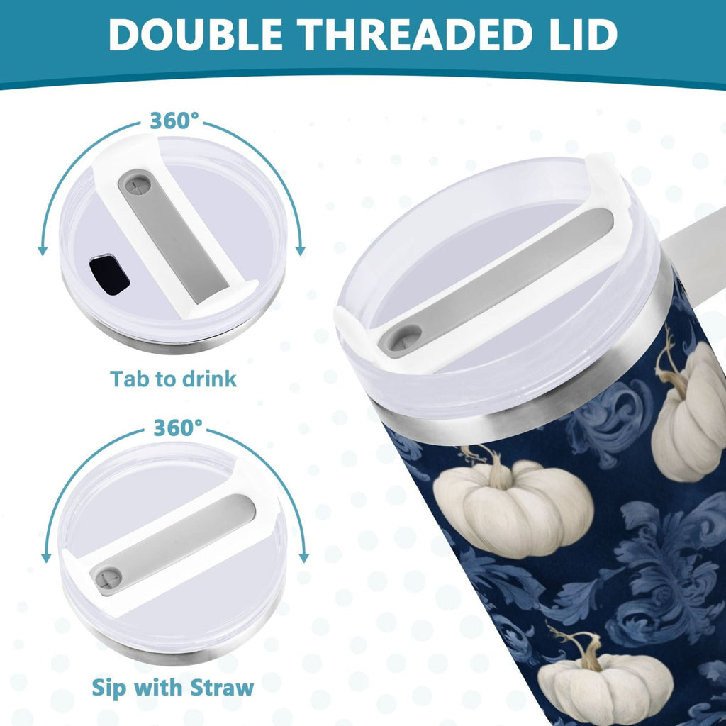 30 oz Insulated Stainless Steel Tumbler Double Wall Stainless Steel Tumbler with 2-Way Drinking Watercolor White Pumpkins - EP82