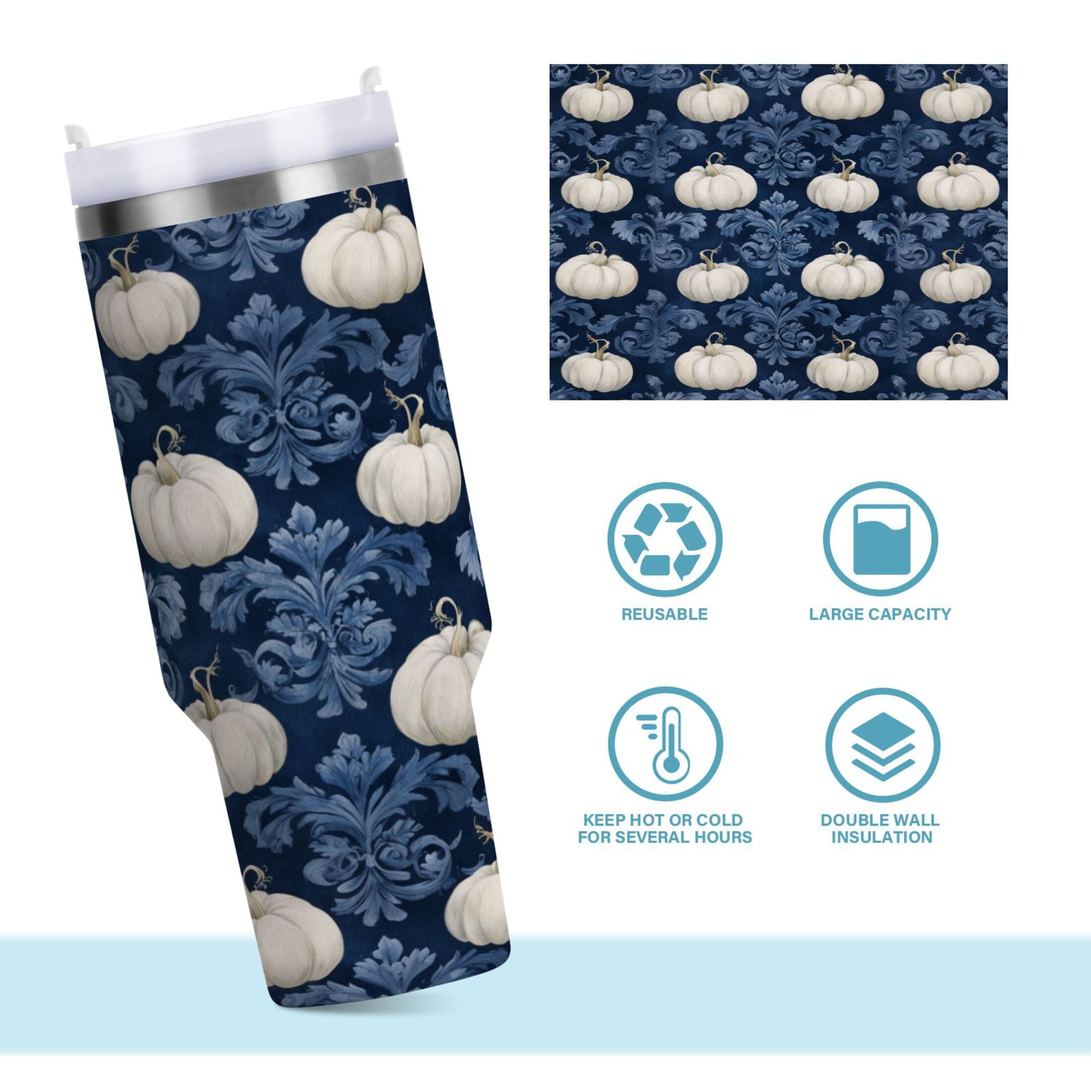 30 oz Insulated Stainless Steel Tumbler Double Wall Stainless Steel Tumbler with 2-Way Drinking Watercolor White Pumpkins - EP82